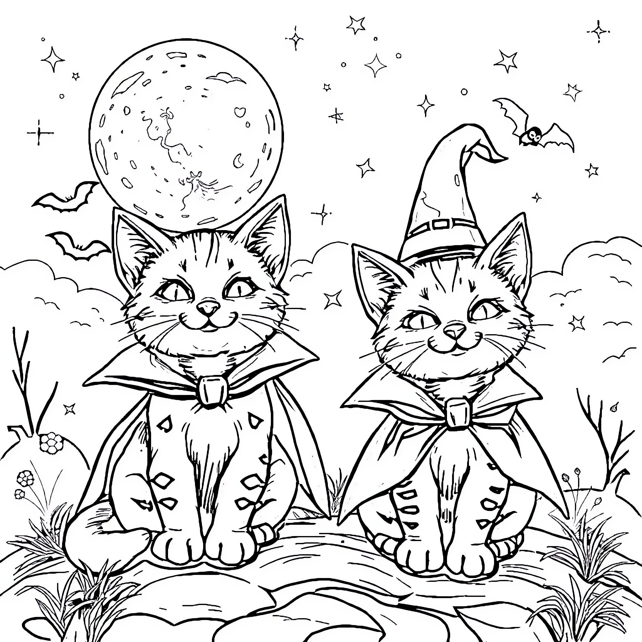 Halloween cats in wizard costumes under the moon Coloring Page (free black-and-white line drawing printable PDF for all, from beginners to advanced learners, including children, teens, adults, and seniors)