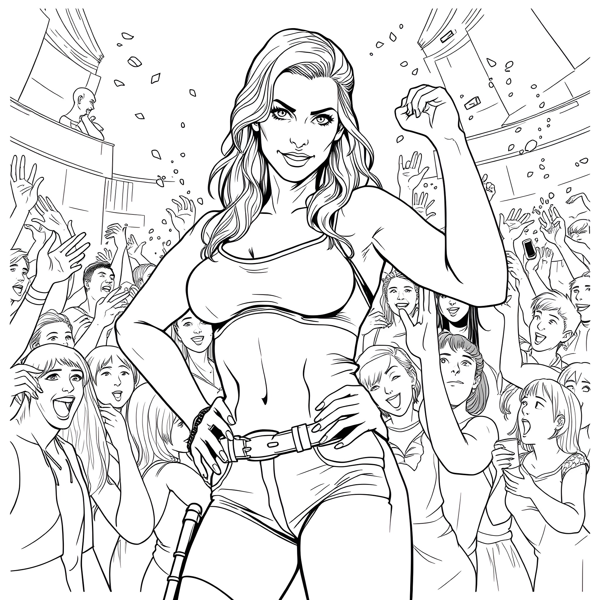 Rhea Surrounded by Adoring Fans Coloring Page (free black-and-white line drawing printable PDF for all, from beginners to advanced learners, including children, teens, adults, and seniors)