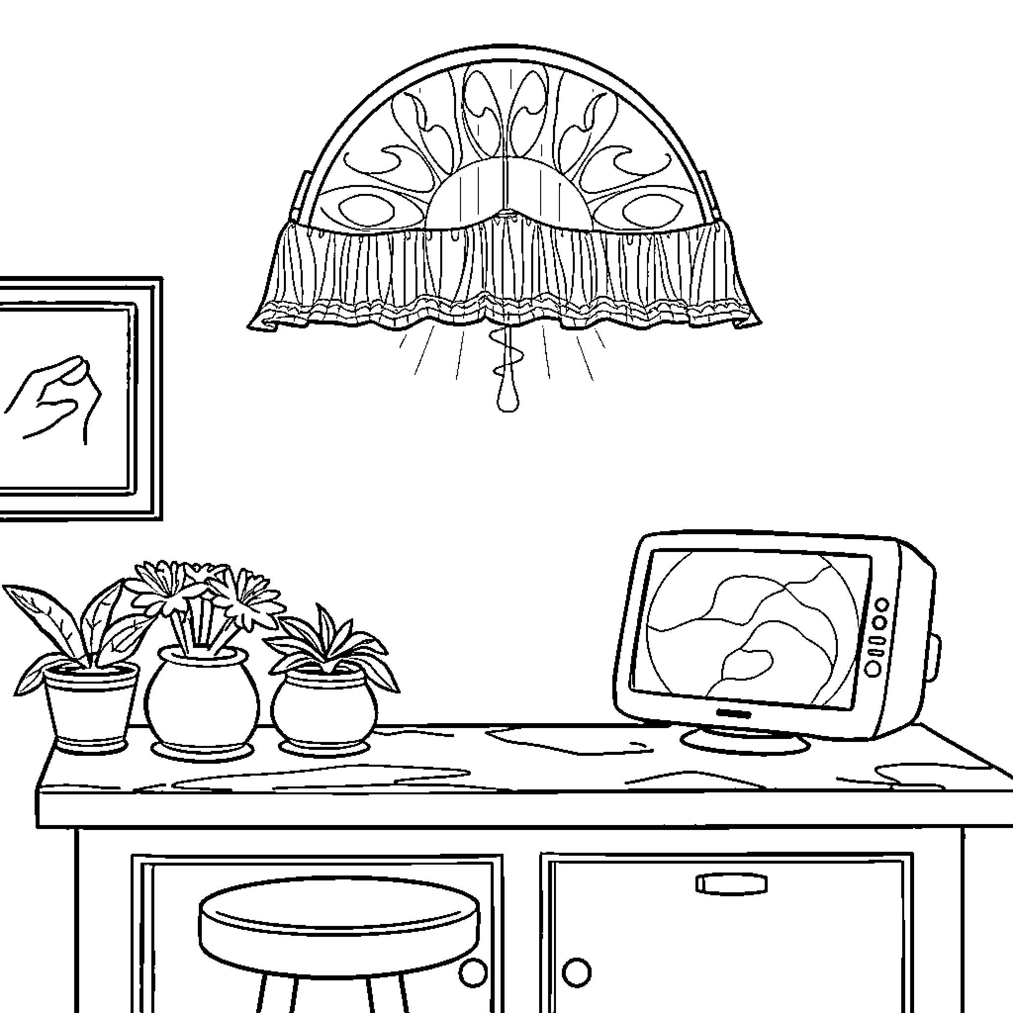 Lamp shining over room decor and furnishings Coloring Page (free black-and-white line drawing printable PDF for all, from beginners to advanced learners, including children, teens, adults, and seniors)