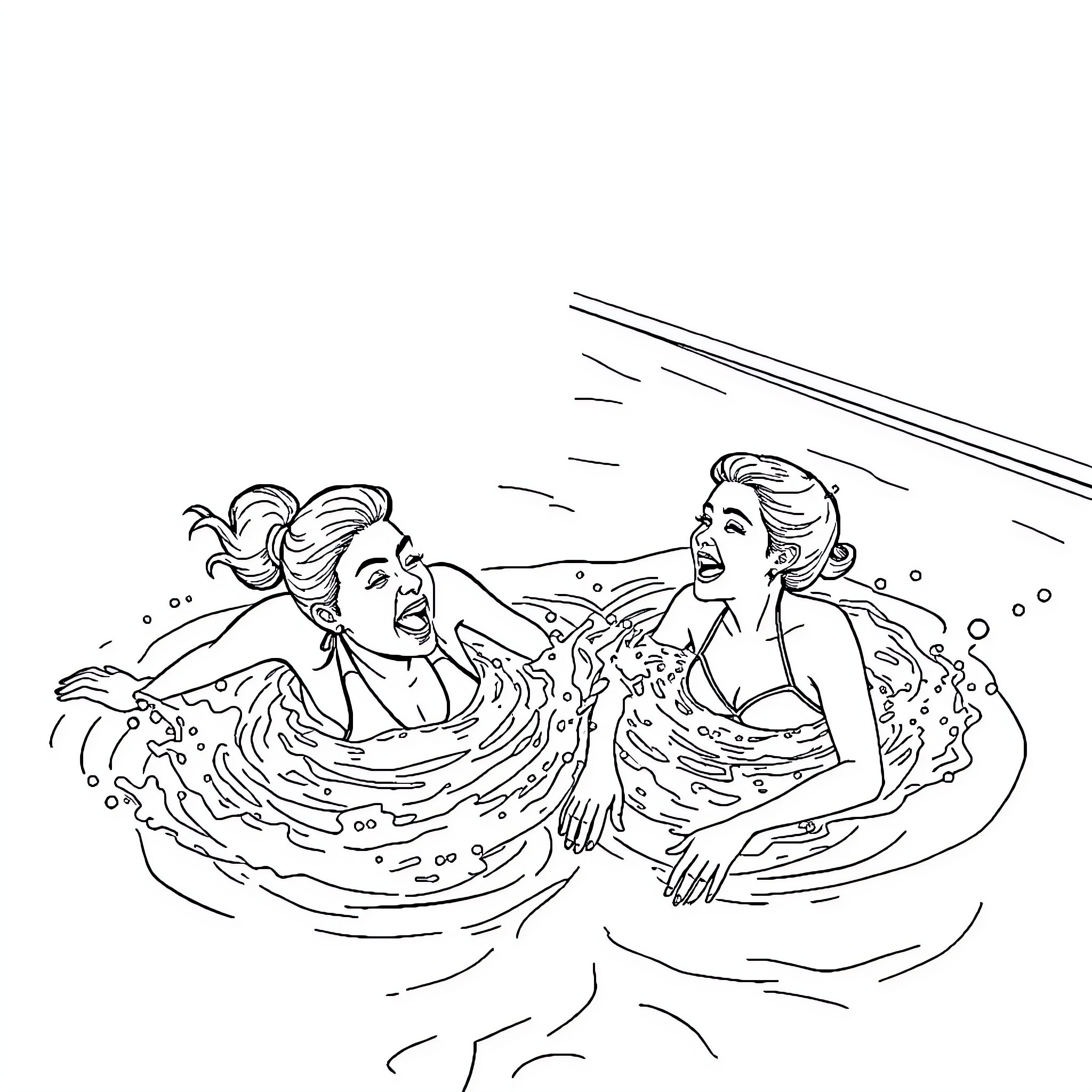 Diana and Roma playing joyfully in the water Coloring Page (free black-and-white line drawing printable PDF for all, from beginners to advanced learners, including children, teens, adults, and seniors)