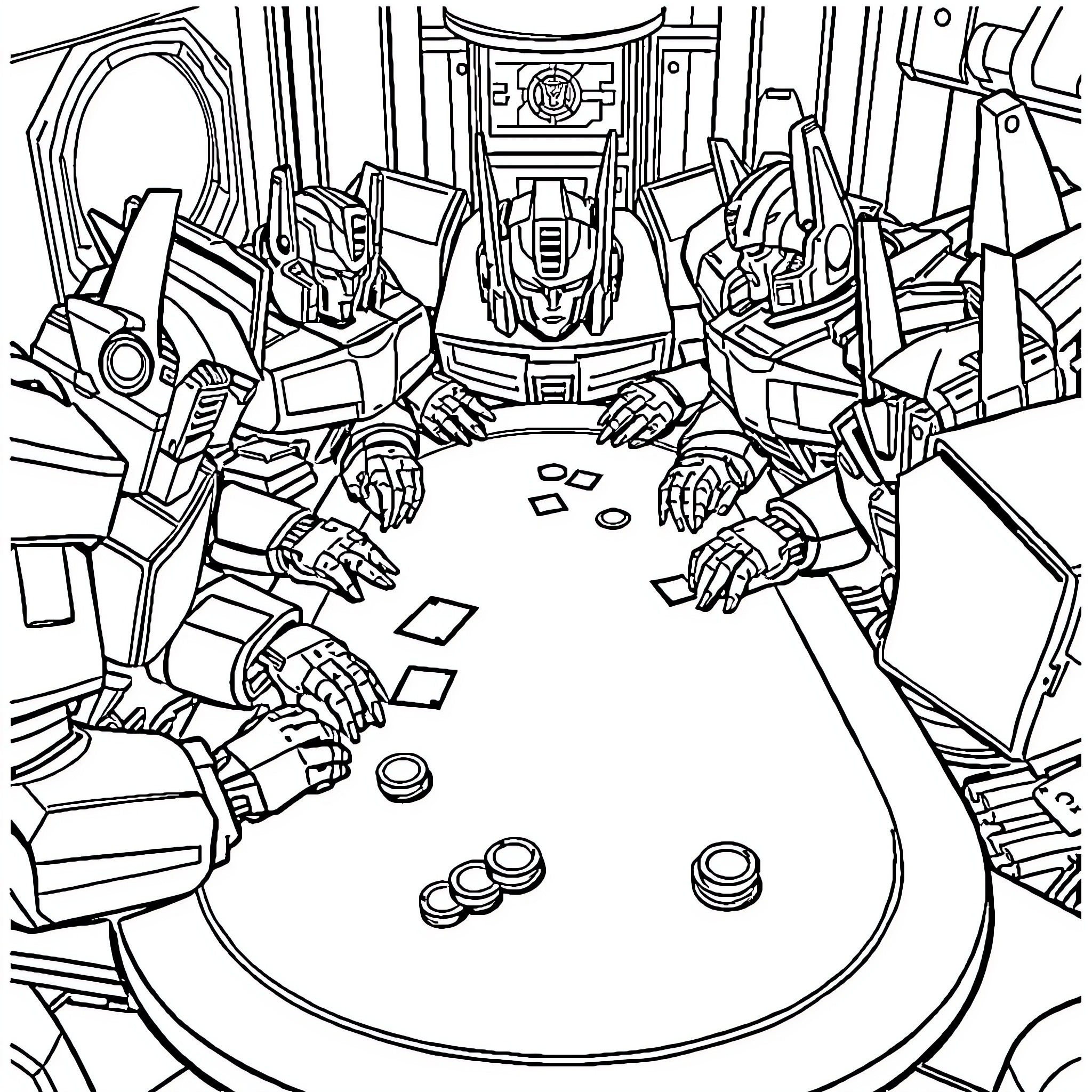 Transformer Battle in Futuristic Sci-Fi Setting Coloring Page (free black-and-white line drawing printable PDF for all, from beginners to advanced learners, including children, teens, adults, and seniors)