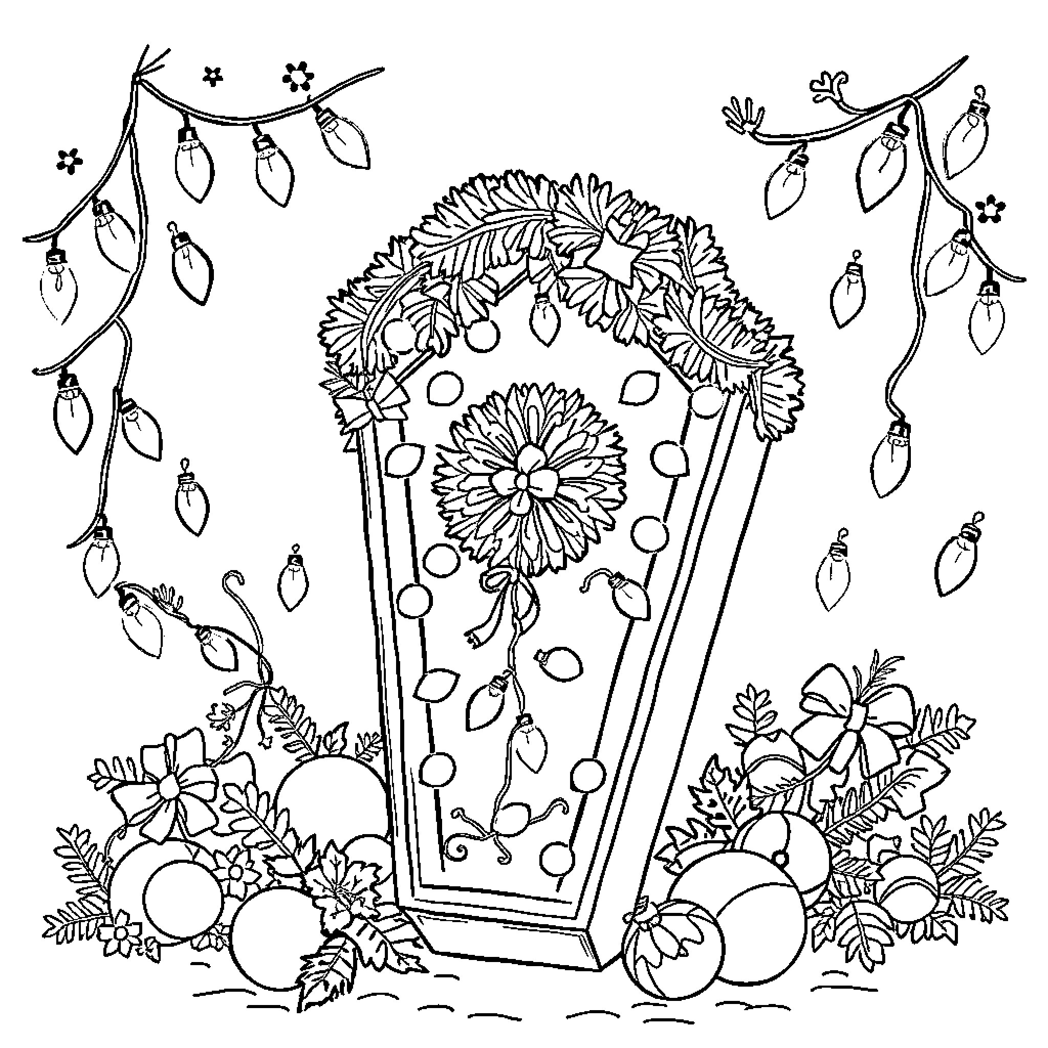 Coffin surrounded by flowers and ornaments Coloring Page (free black-and-white line drawing printable PDF for all, from beginners to advanced learners, including children, teens, adults, and seniors)