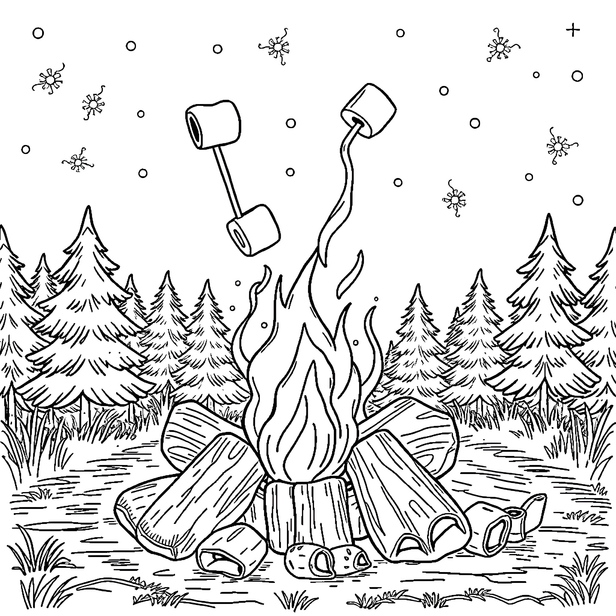 Campfire scene with winter landscape Coloring Page (free black-and-white line drawing printable PDF for all, from beginners to advanced learners, including children, teens, adults, and seniors)