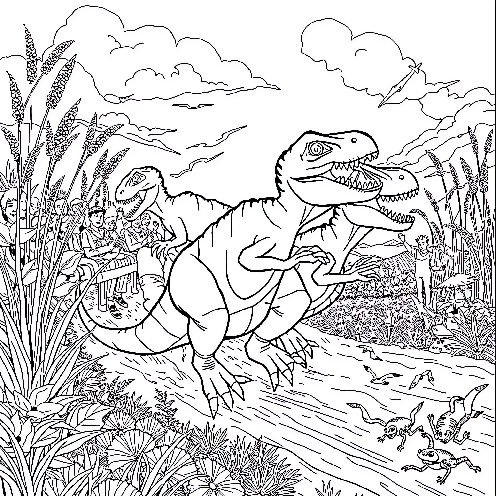 T-Rex Dinosaurs Roaming in Prehistoric Landscape Coloring Page (free black-and-white line drawing printable PDF for all, from beginners to advanced learners, including children, teens, adults, and seniors)