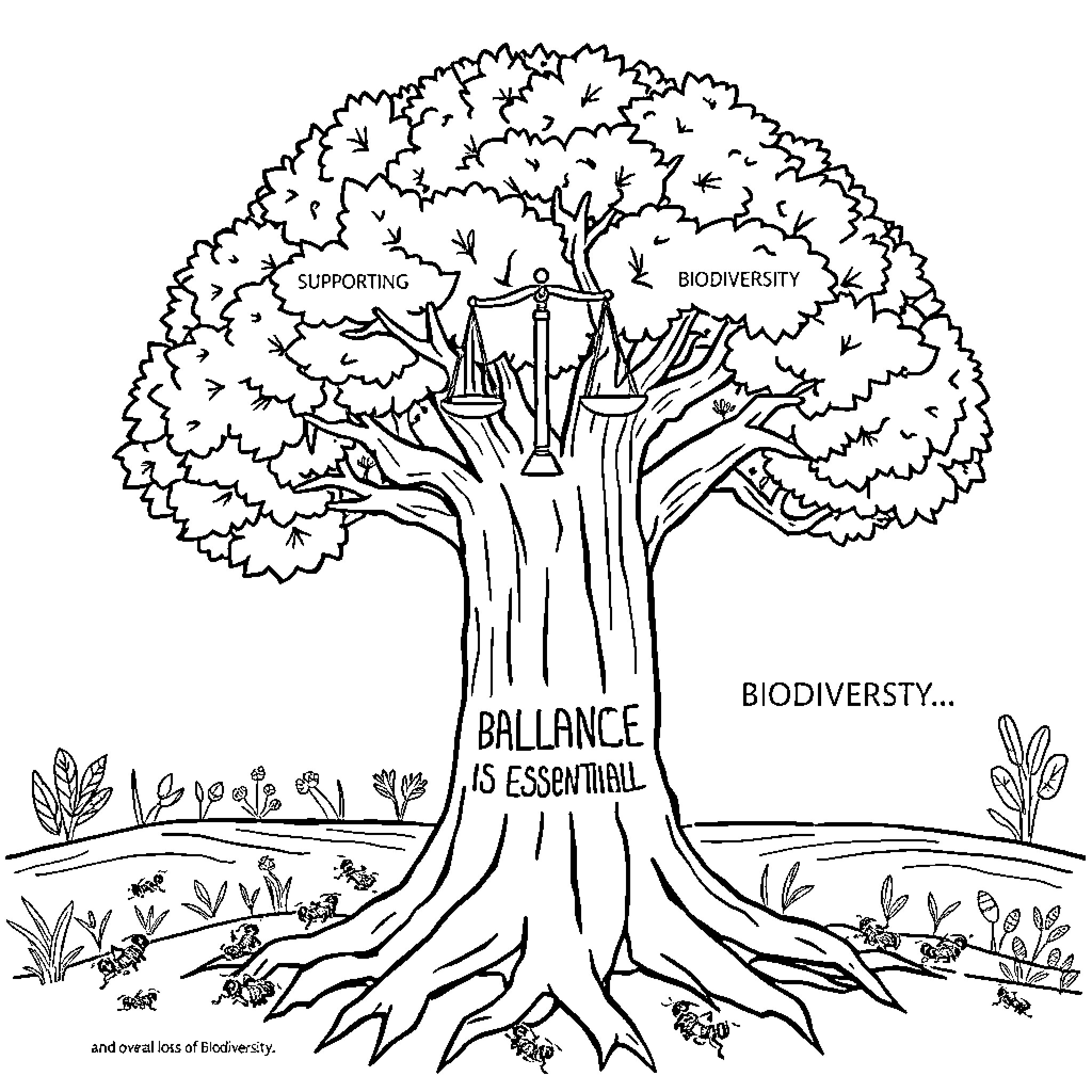 Tree supporting biodiversity and balance is essential Coloring Page (free black-and-white line drawing printable PDF for all, from beginners to advanced learners, including children, teens, adults, and seniors)