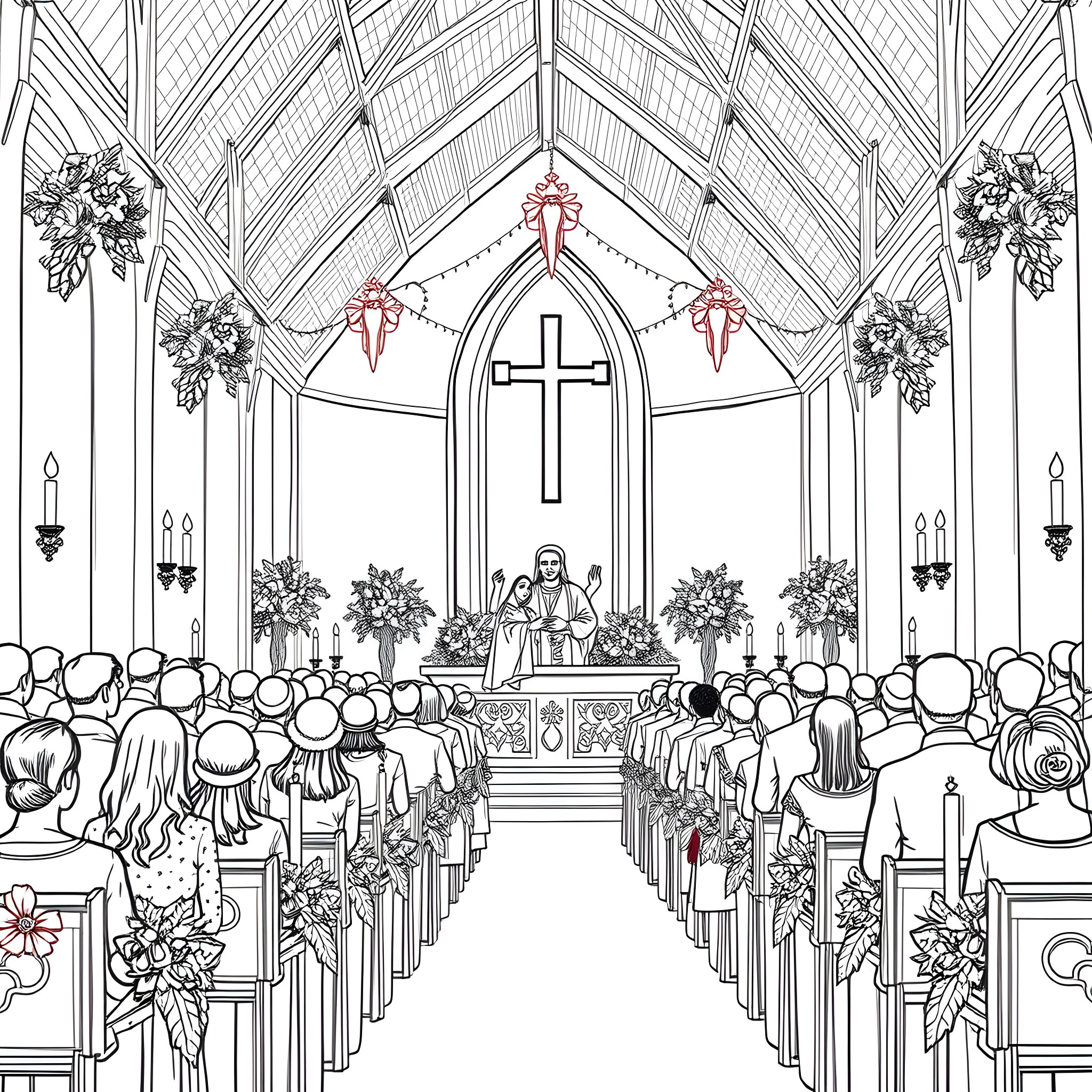 Mass Celebration in a Decorated Church Coloring Page (free black-and-white line drawing printable PDF for all, from beginners to advanced learners, including children, teens, adults, and seniors)