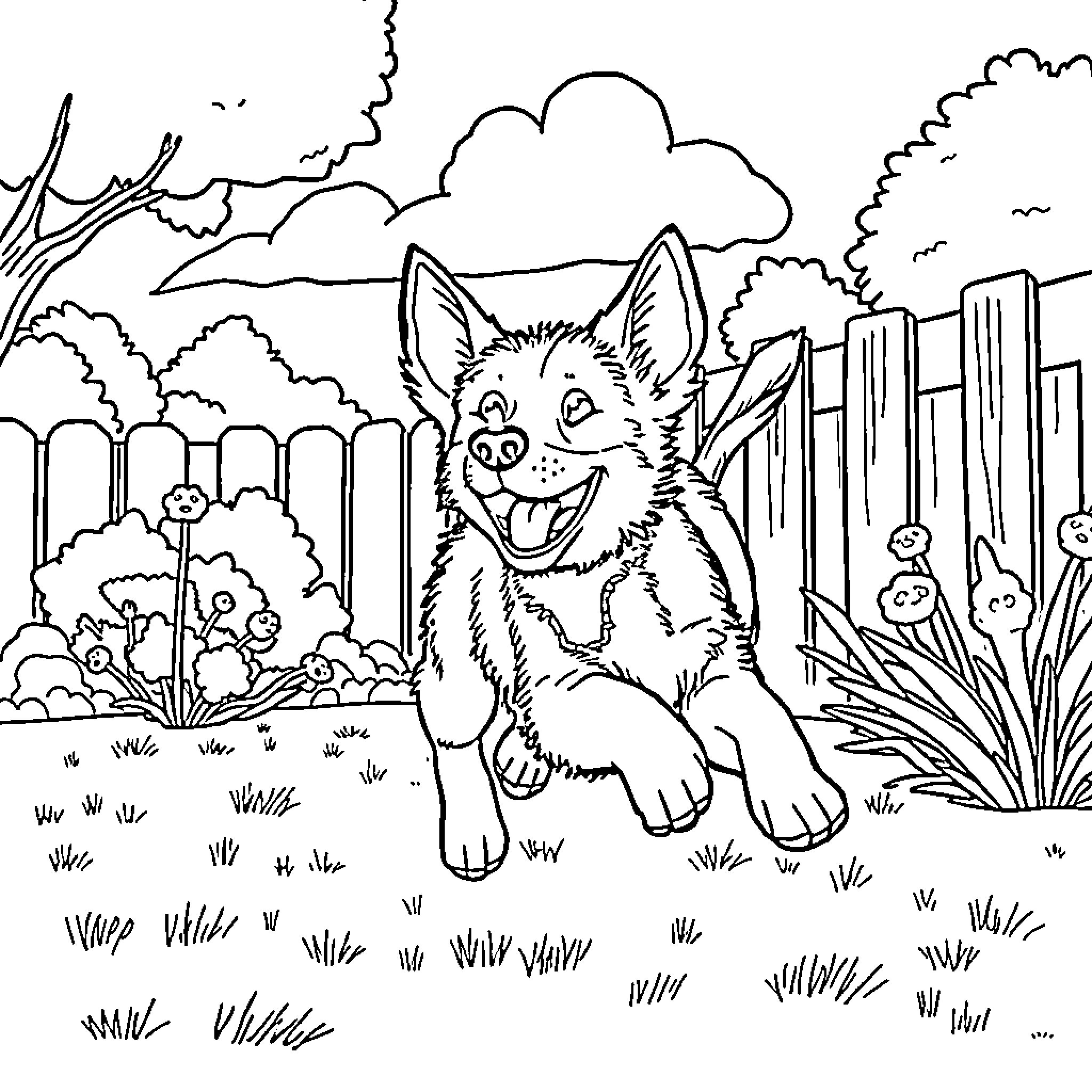 Bluey enjoying nature in the backyard Coloring Page (free black-and-white line drawing printable PDF for all, from beginners to advanced learners, including children, teens, adults, and seniors)