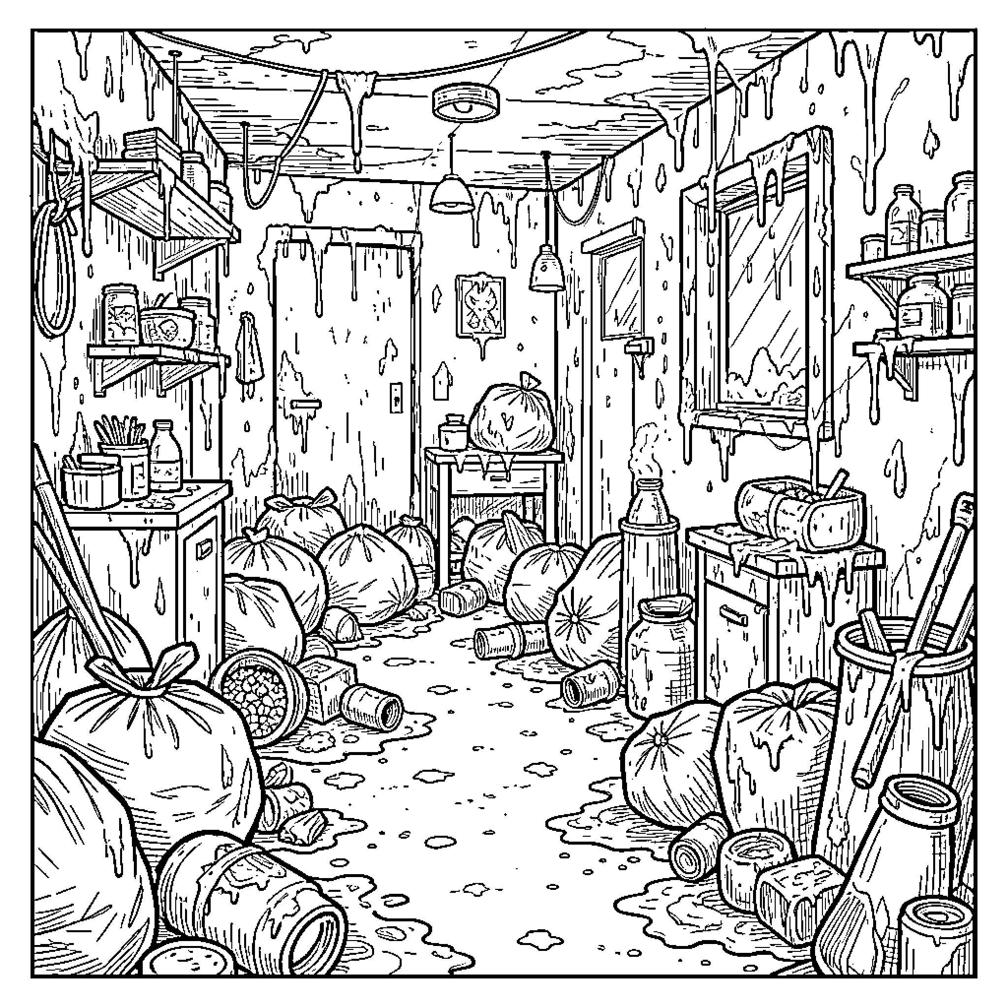 Stink of a Messy Basement Chaos Coloring Page (free black-and-white line drawing printable PDF for all, from beginners to advanced learners, including children, teens, adults, and seniors)