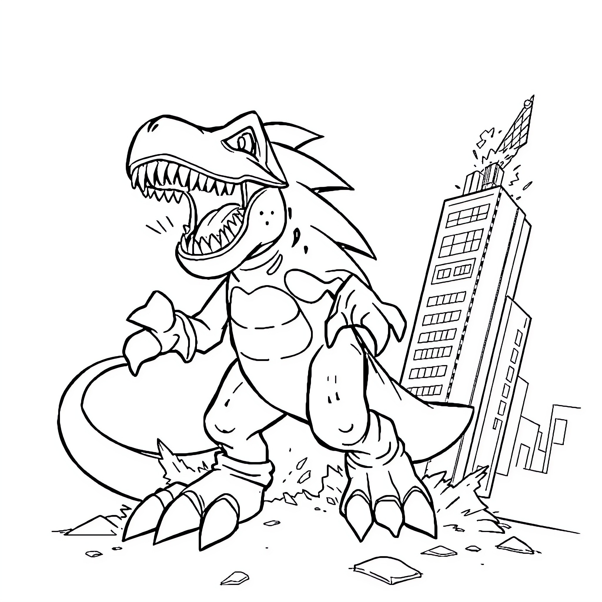 Sonic T-Rex destroying city buildings with its powerful jaws Coloring Page (free black-and-white line drawing printable PDF for all, from beginners to advanced learners, including children, teens, adults, and seniors)