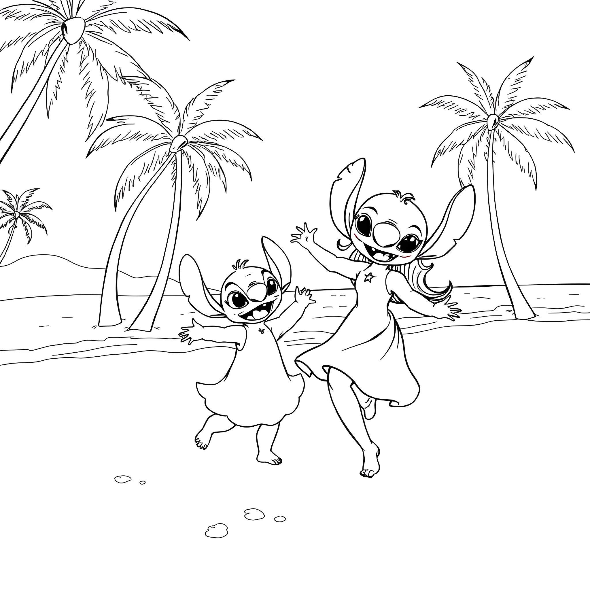Lilo and Stitch playing on the beach Coloring Page (free black-and-white line drawing printable PDF for all, from beginners to advanced learners, including children, teens, adults, and seniors)