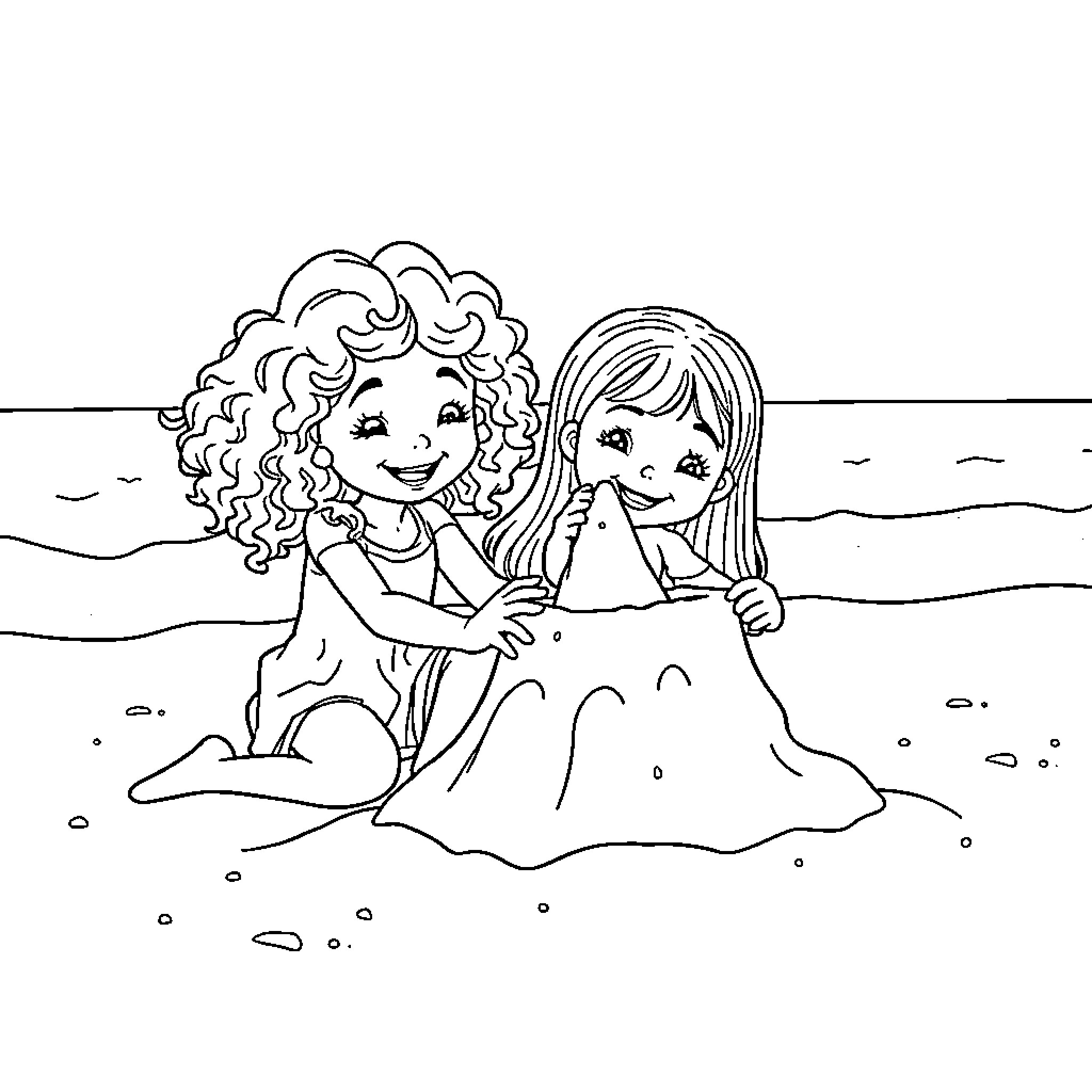 Girls making a sandcastle on the beach Coloring Page (free black-and-white line drawing printable PDF for all, from beginners to advanced learners, including children, teens, adults, and seniors)
