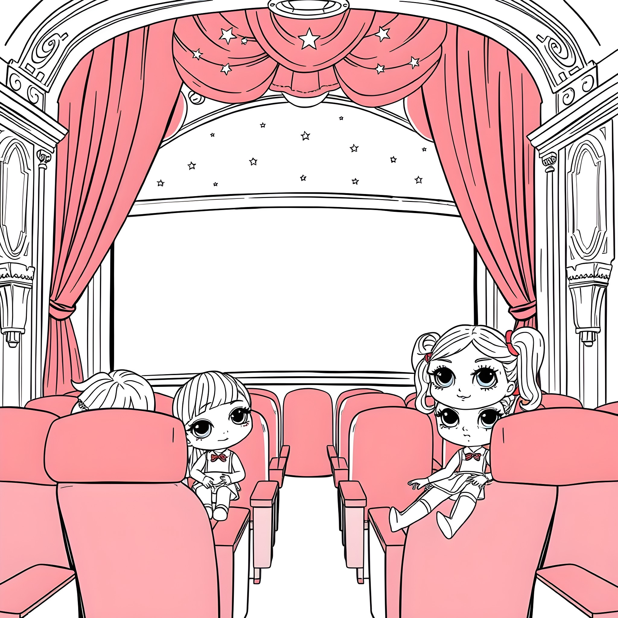 Doll Friends Enjoying Theater Performance Coloring Page (free black-and-white line drawing printable PDF for all, from beginners to advanced learners, including children, teens, adults, and seniors)