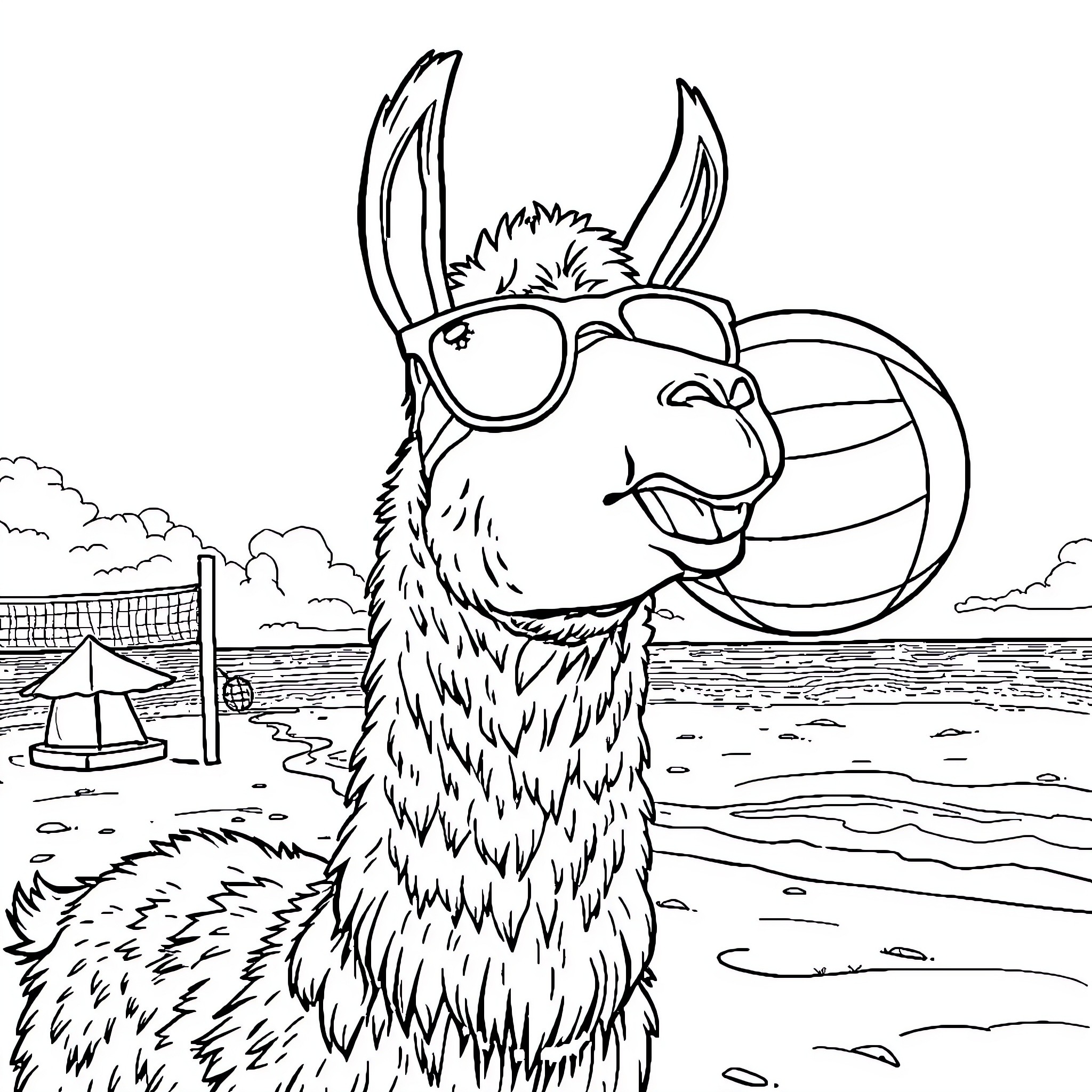 Llama wearing sunglasses at the beach Coloring Page (free black-and-white line drawing printable PDF for all, from beginners to advanced learners, including children, teens, adults, and seniors)