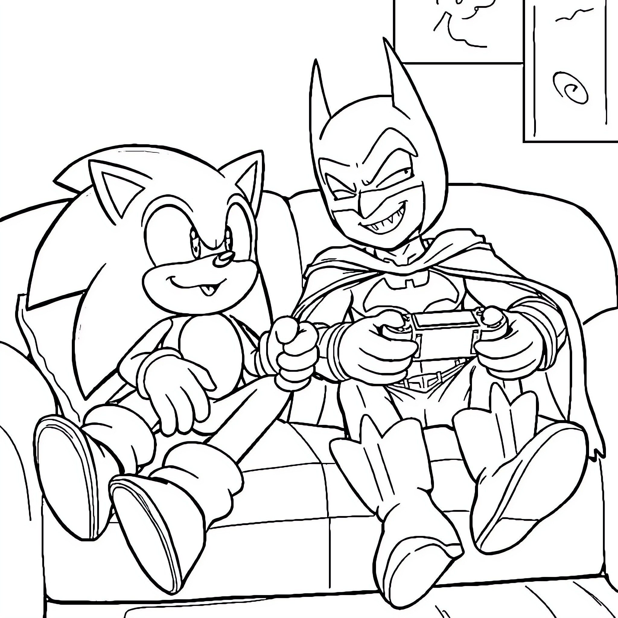 Sonic and Batman playing video games together Coloring Page (free black-and-white line drawing printable PDF for all, from beginners to advanced learners, including children, teens, adults, and seniors)