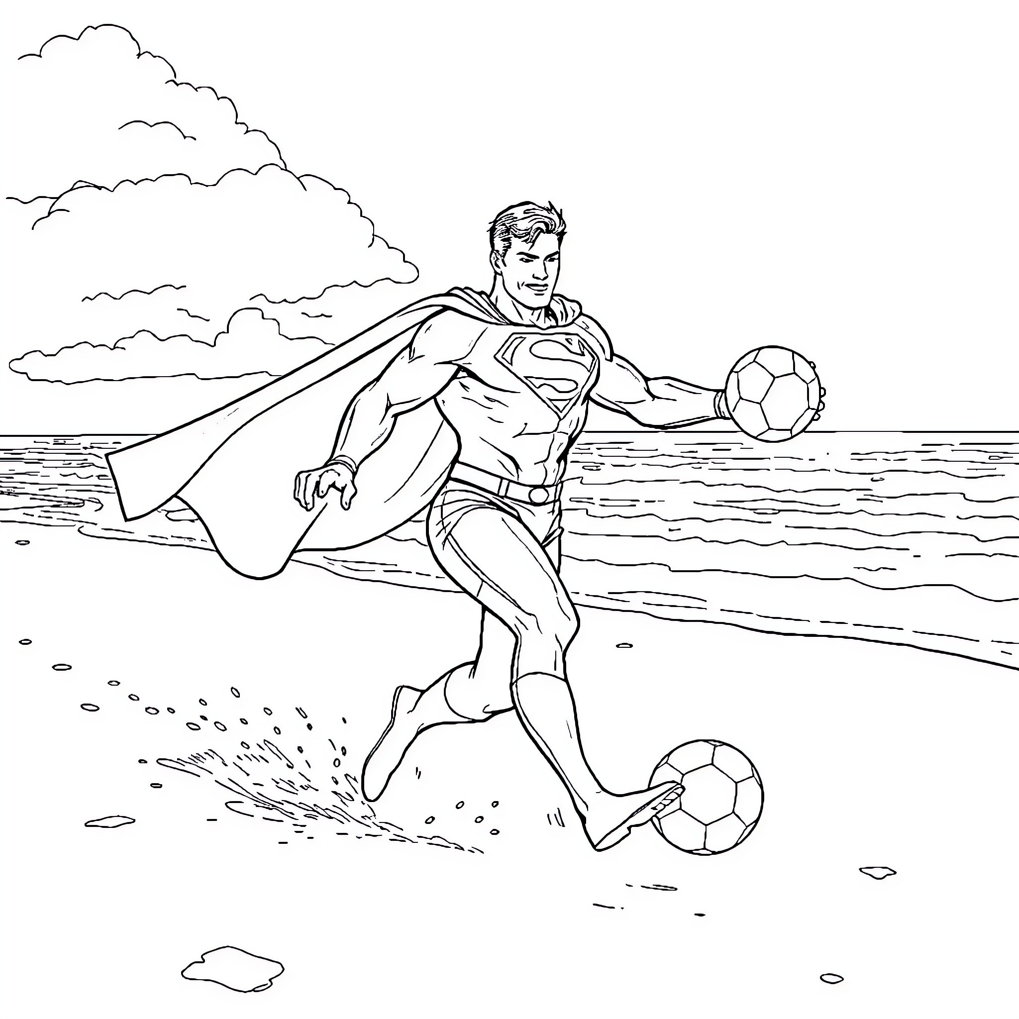 Superman playing with soccer balls on the beach Coloring Page (free black-and-white line drawing printable PDF for all, from beginners to advanced learners, including children, teens, adults, and seniors)