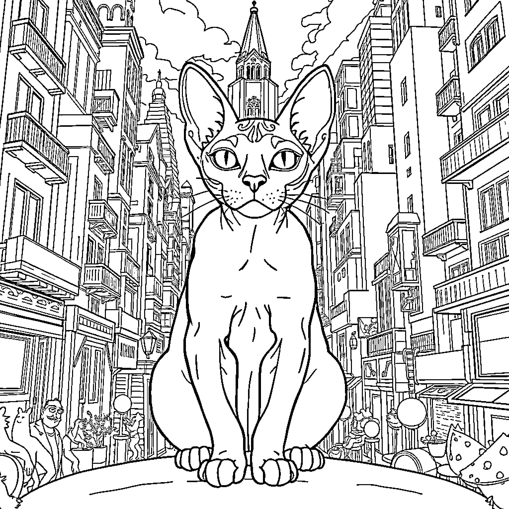 Sphinx Cat in the Bustling City Coloring Page (free black-and-white line drawing printable PDF for all, from beginners to advanced learners, including children, teens, adults, and seniors)