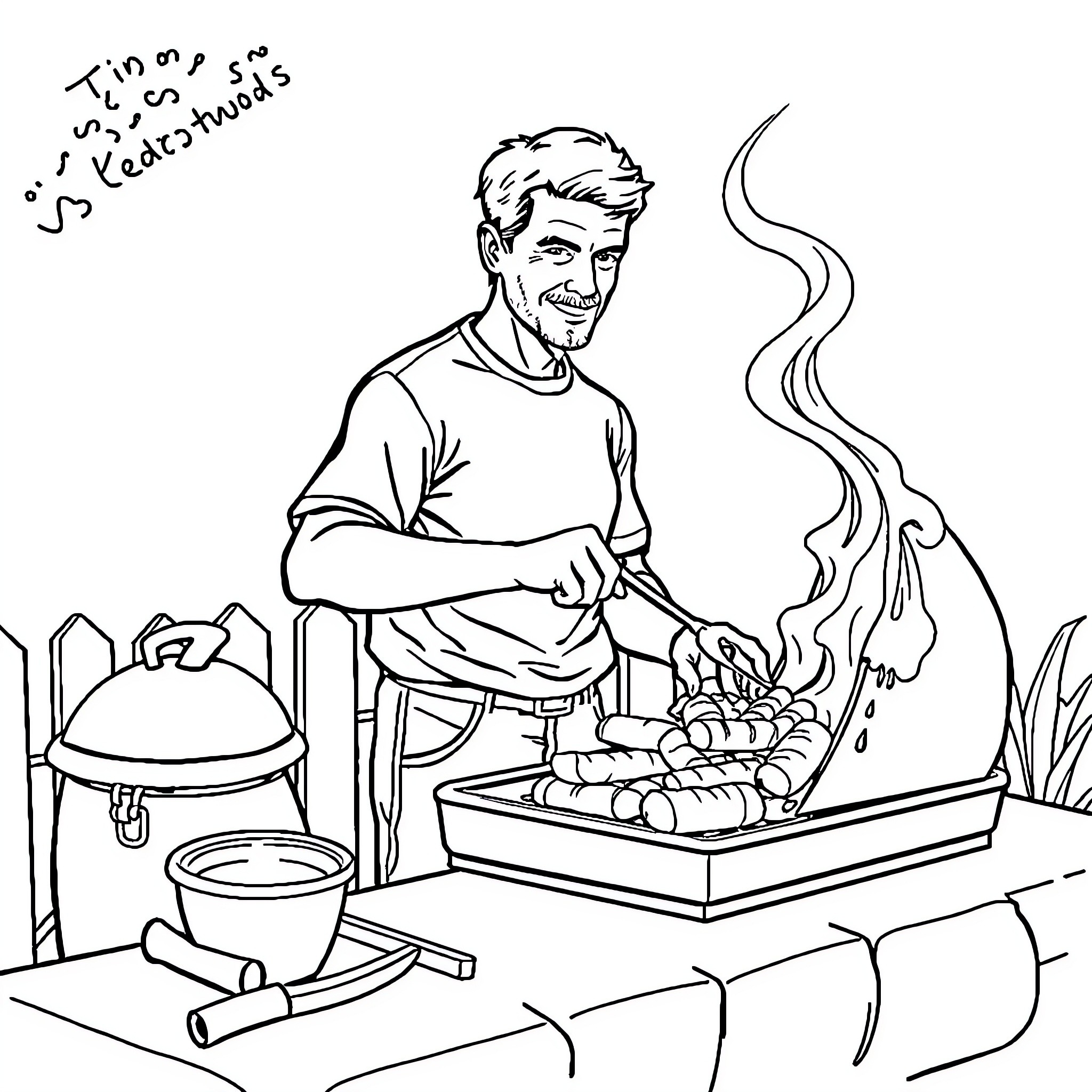 Tim Cook grilling and cooking outdoors Coloring Page (free black-and-white line drawing printable PDF for all, from beginners to advanced learners, including children, teens, adults, and seniors)