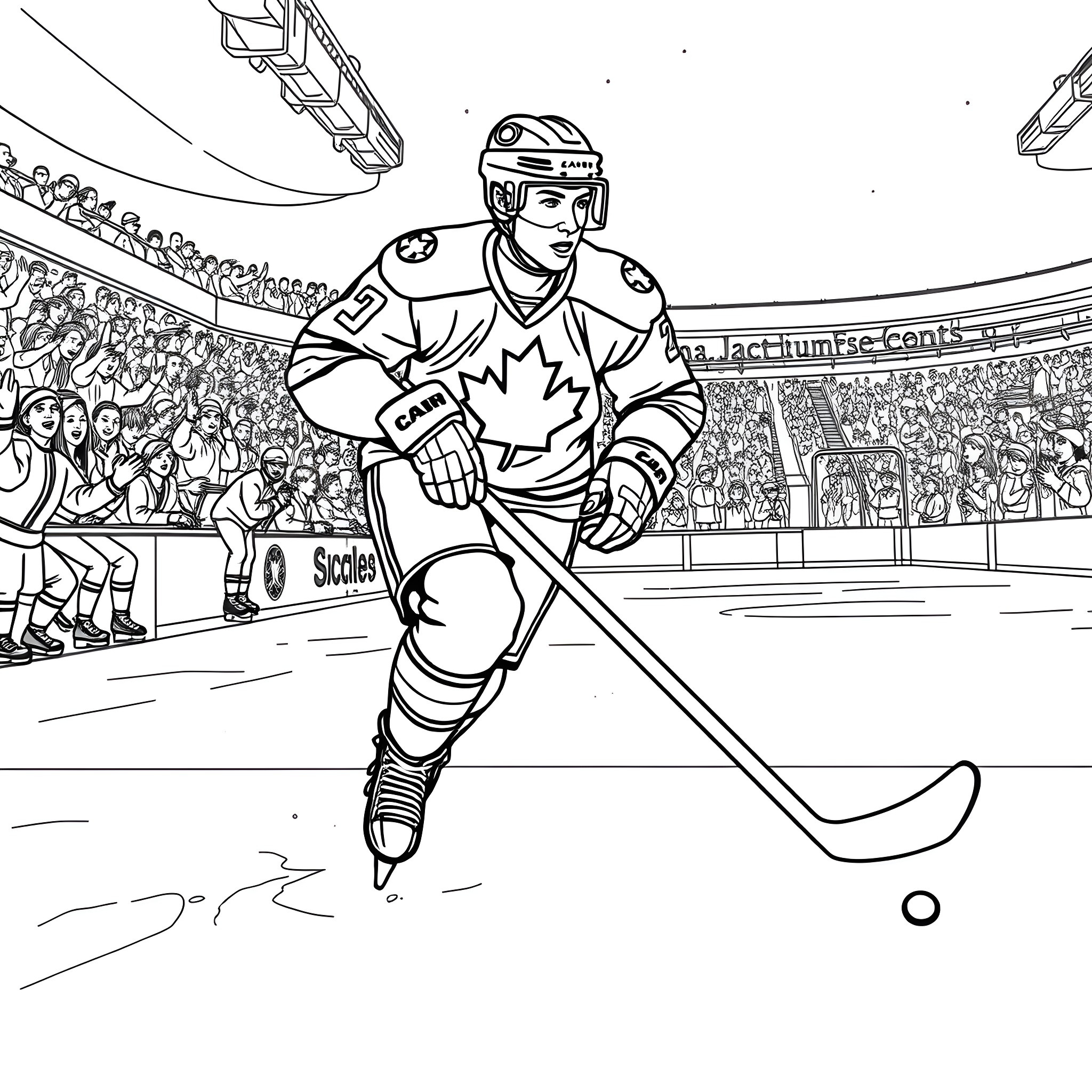 Hockey Player in Action on the Ice Rink Coloring Page (free black-and-white line drawing printable PDF for all, from beginners to advanced learners, including children, teens, adults, and seniors)