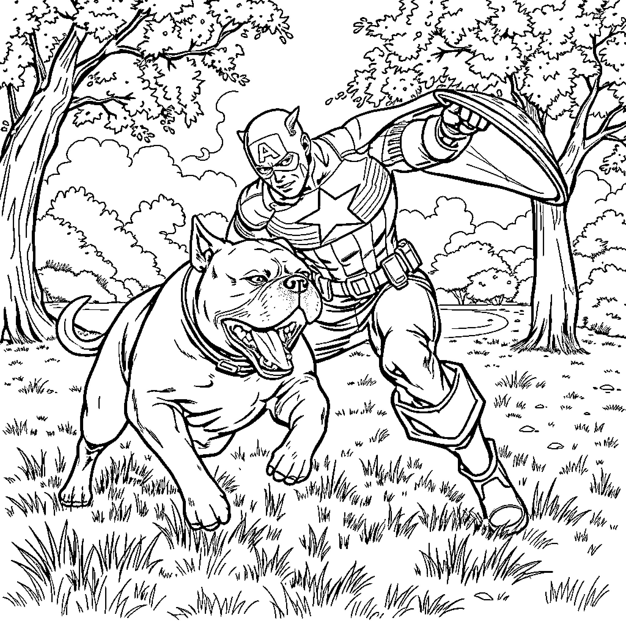 Captain America riding through the forest on a wolf Coloring Page (free black-and-white line drawing printable PDF for all, from beginners to advanced learners, including children, teens, adults, and seniors)