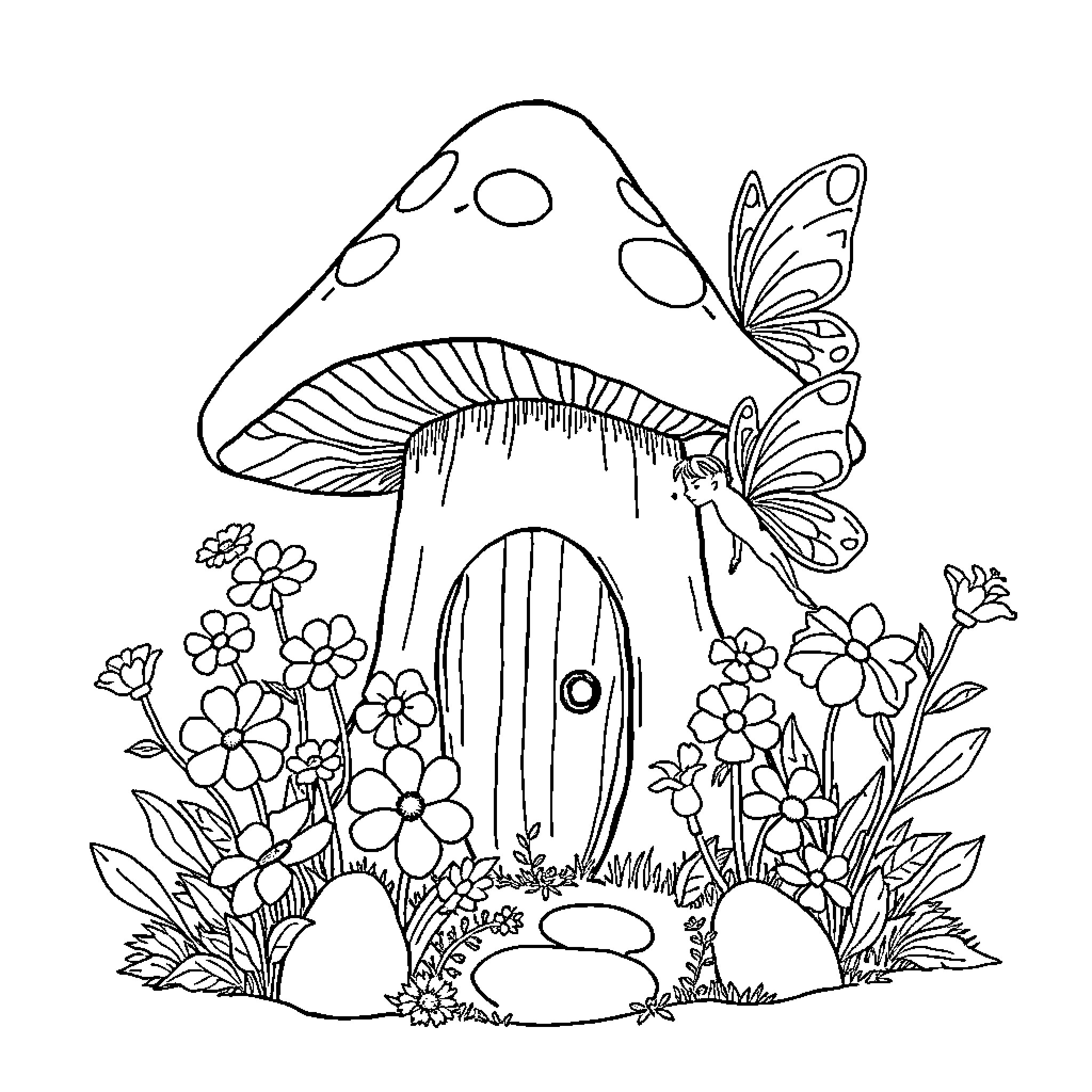 Fairy Cottage in Enchanted Floral Garden Coloring Page (free black-and-white line drawing printable PDF for all, from beginners to advanced learners, including children, teens, adults, and seniors)