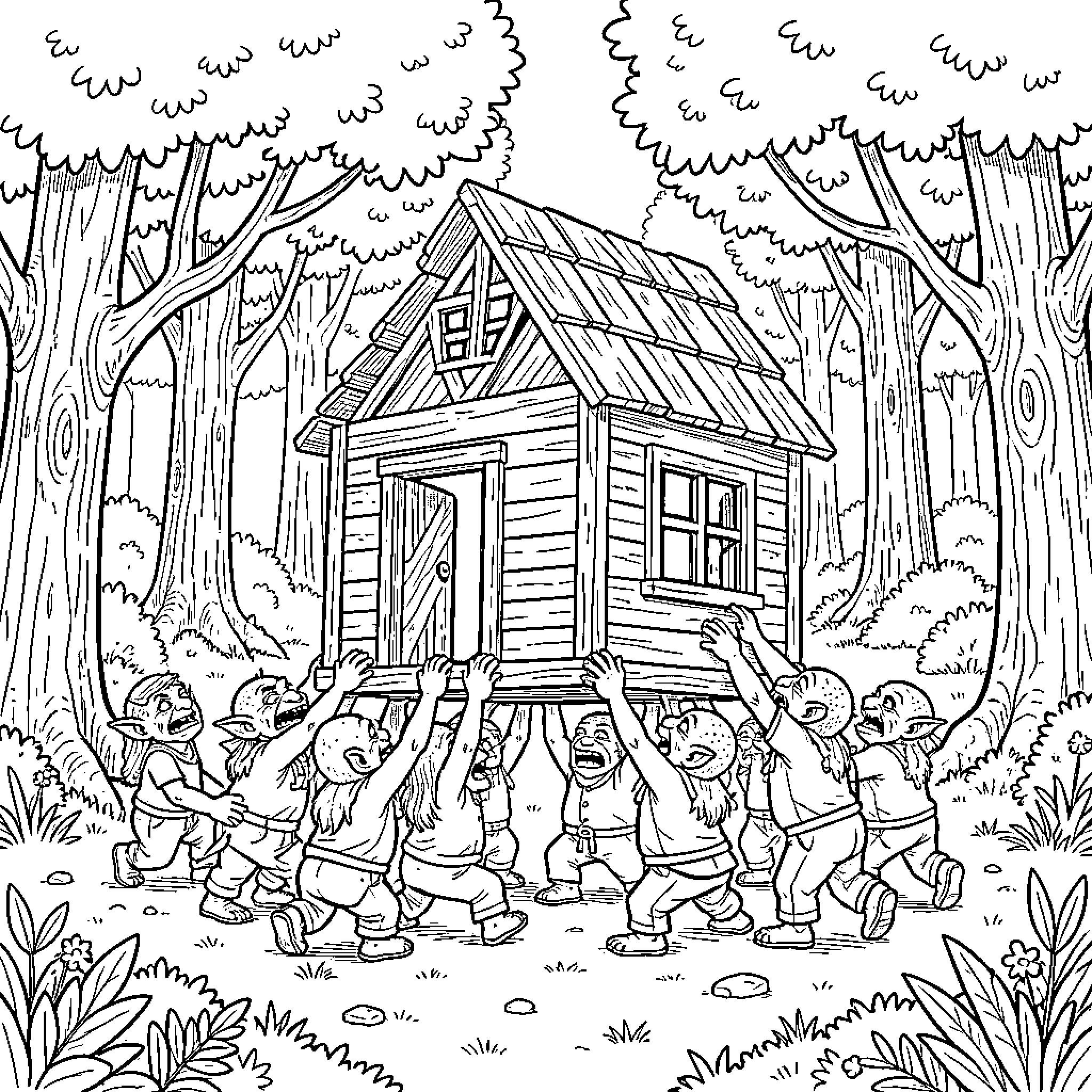Goblin horde moving a wooden house in the forest Coloring Page (free black-and-white line drawing printable PDF for all, from beginners to advanced learners, including children, teens, adults, and seniors)