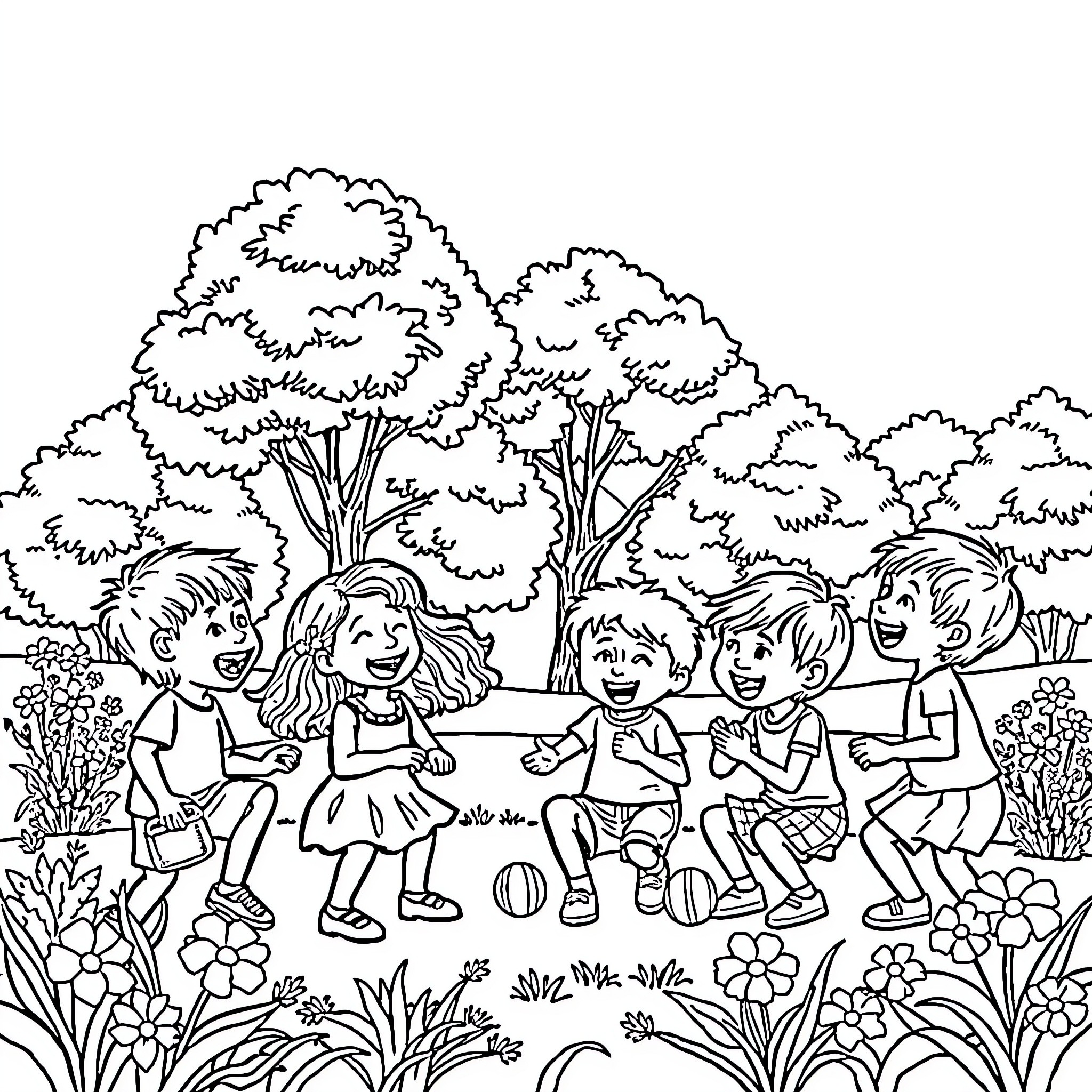 Child friends playing together in the park Coloring Page (free black-and-white line drawing printable PDF for all, from beginners to advanced learners, including children, teens, adults, and seniors)