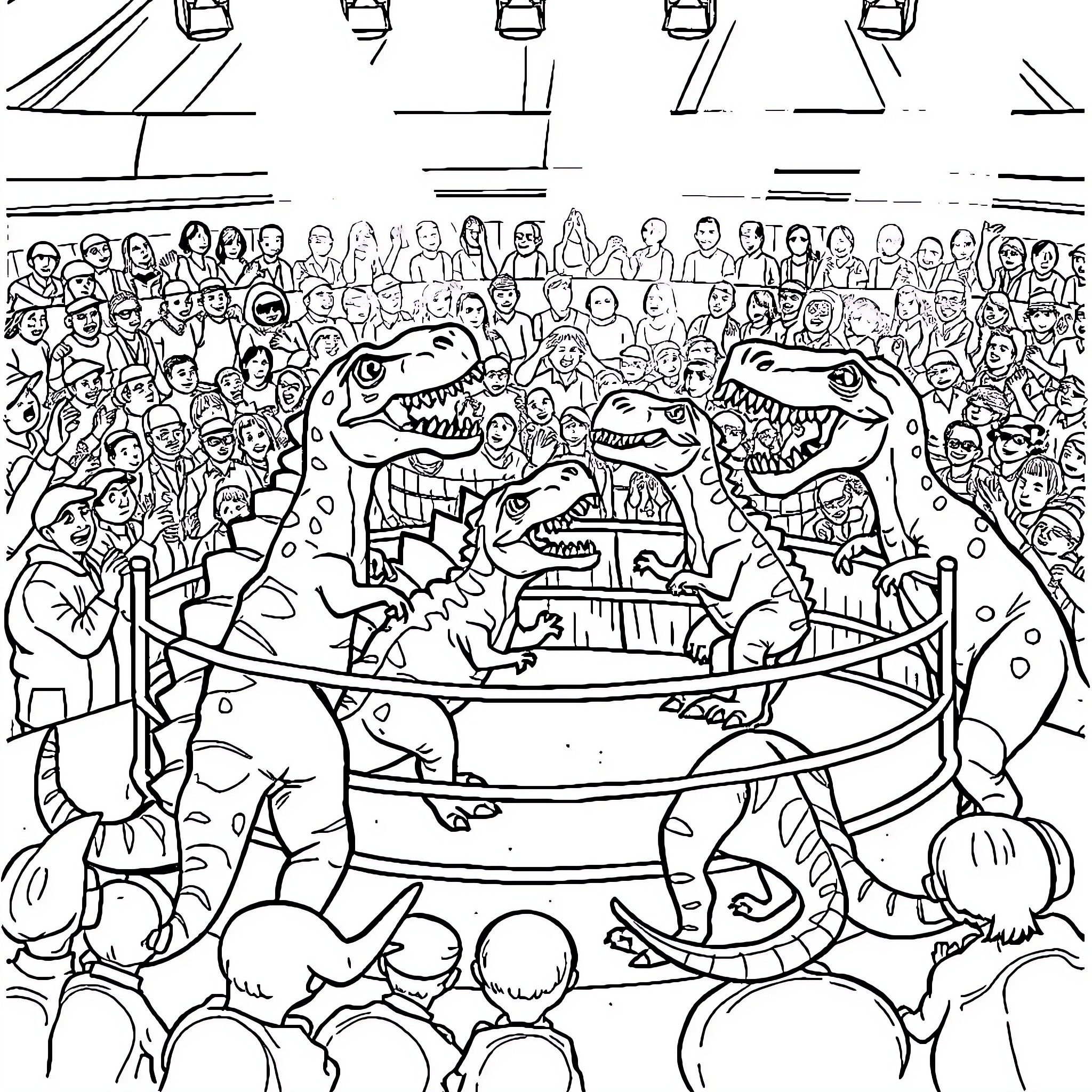 Dinosaur circus performance with a crowd Coloring Page (free black-and-white line drawing printable PDF for all, from beginners to advanced learners, including children, teens, adults, and seniors)