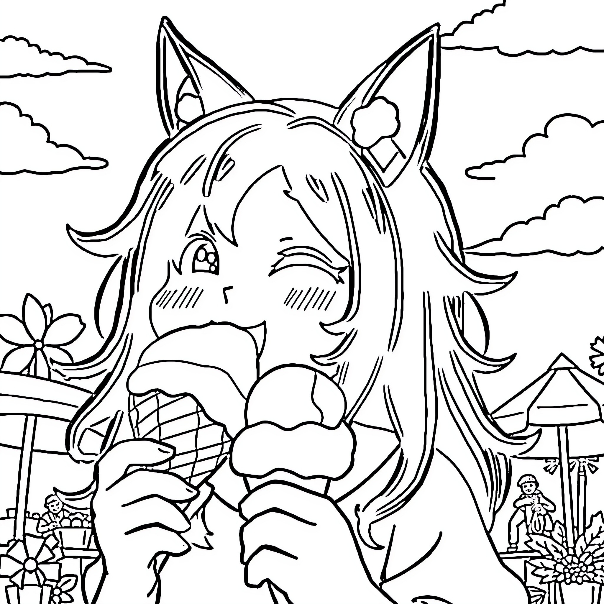 Nezuko enjoying a peaceful day outdoors Coloring Page (free black-and-white line drawing printable PDF for all, from beginners to advanced learners, including children, teens, adults, and seniors)