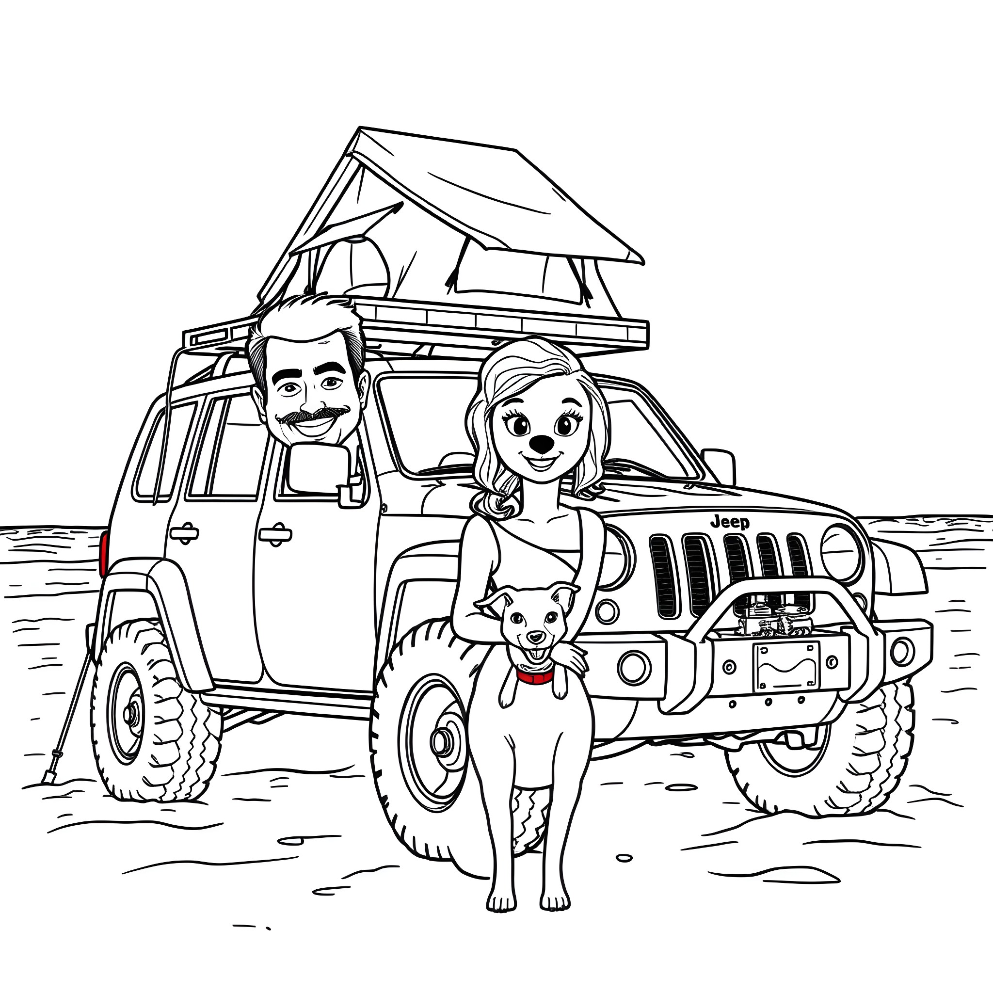 Man and Woman Enjoying Adventure in Jeep with Dog Coloring Page (free black-and-white line drawing printable PDF for all, from beginners to advanced learners, including children, teens, adults, and seniors)
