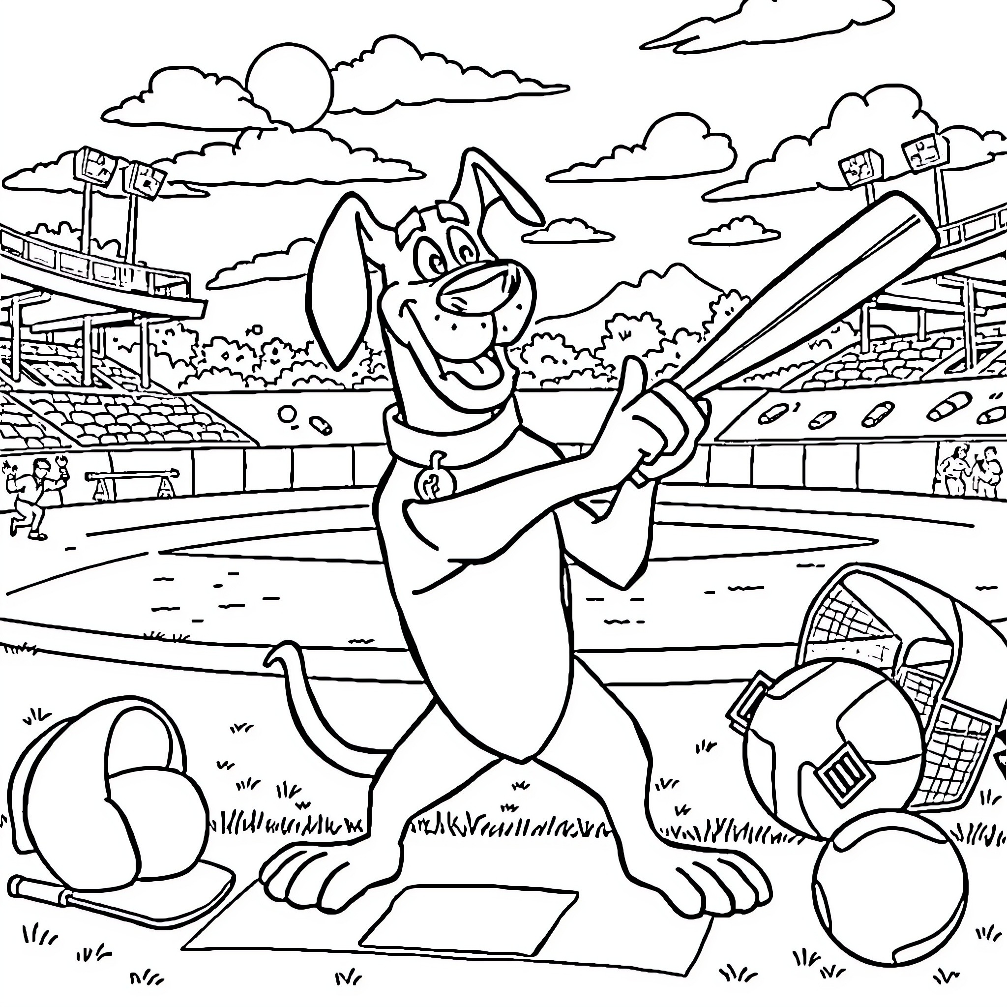Scooby Doo playing baseball on the field Coloring Page (free black-and-white line drawing printable PDF for all, from beginners to advanced learners, including children, teens, adults, and seniors)