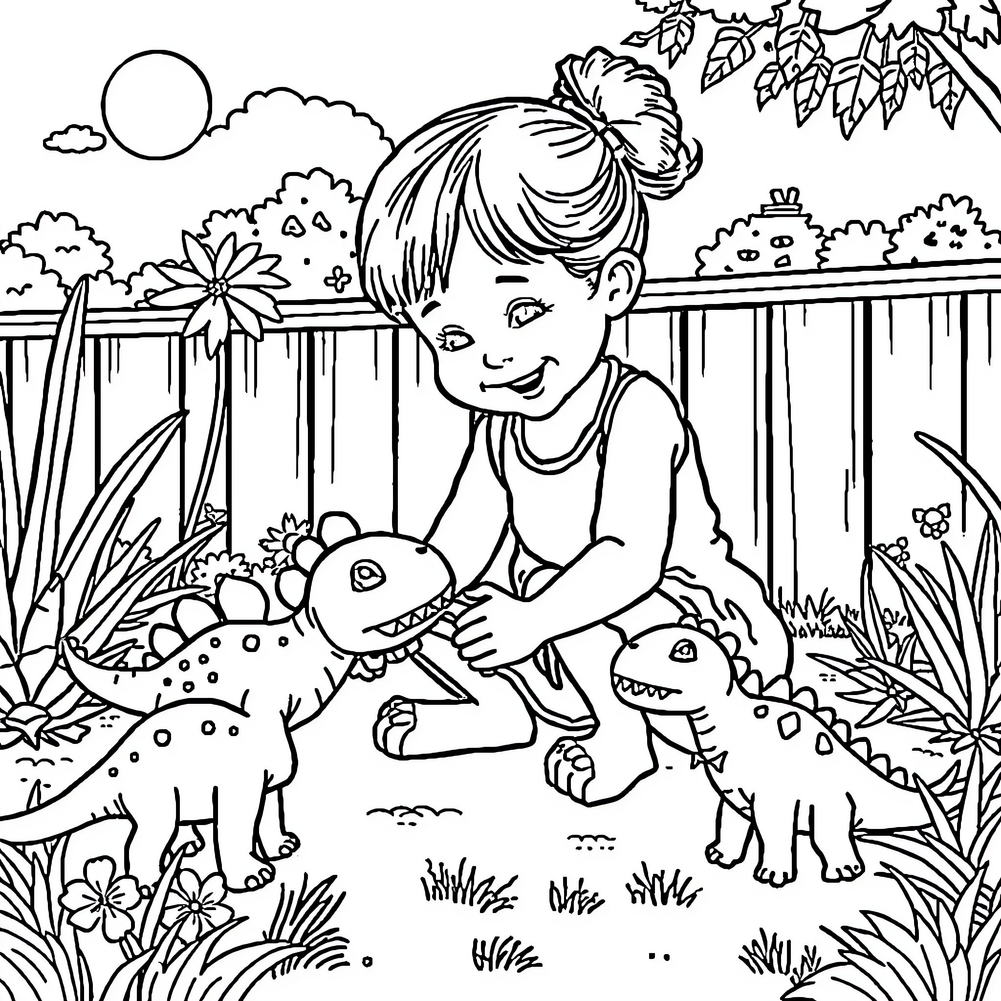 Girl playing with cute dinosaur toys in nature Coloring Page (free black-and-white line drawing printable PDF for all, from beginners to advanced learners, including children, teens, adults, and seniors)