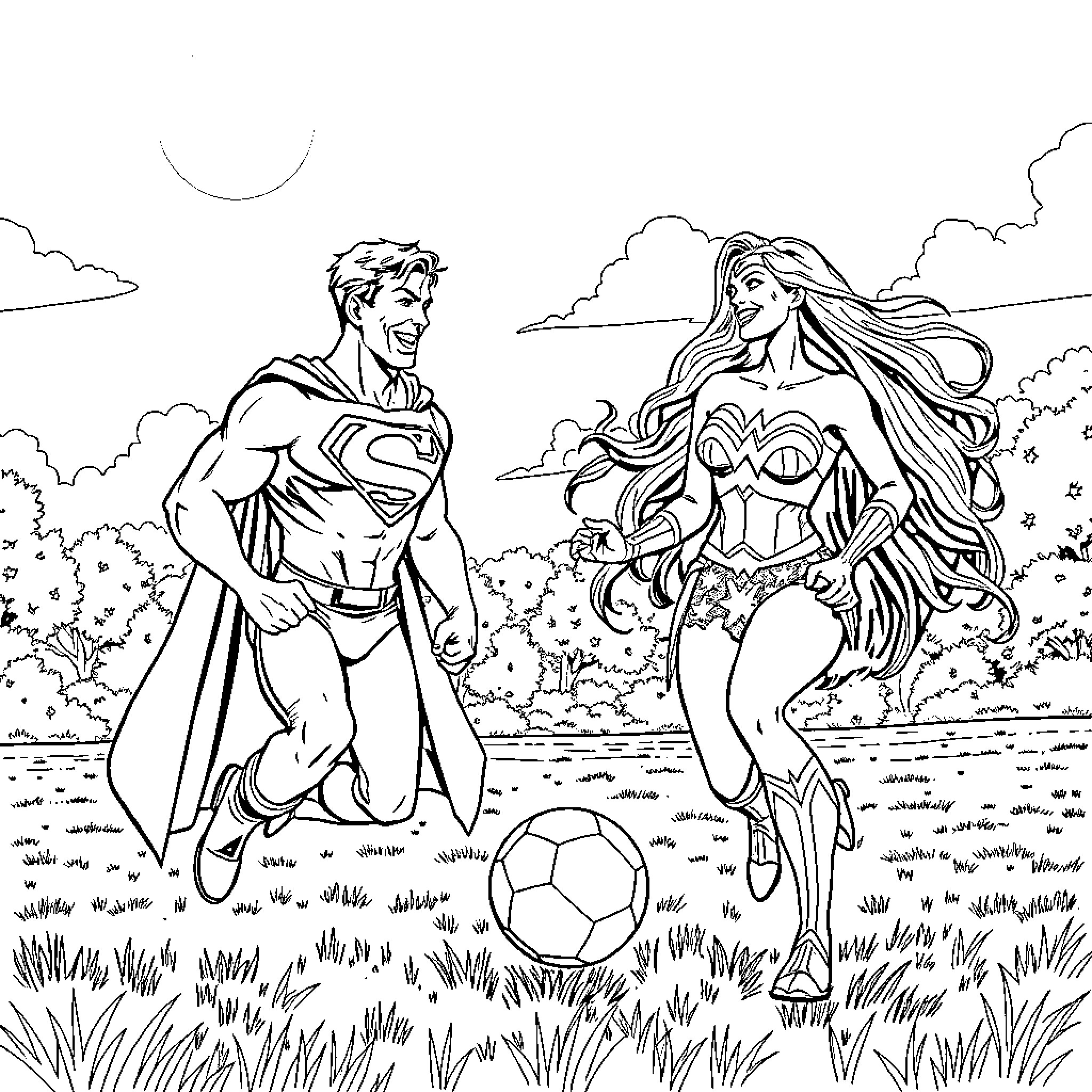 Superman and Wonder Woman playing soccer in the park Coloring Page (free black-and-white line drawing printable PDF for all, from beginners to advanced learners, including children, teens, adults, and seniors)