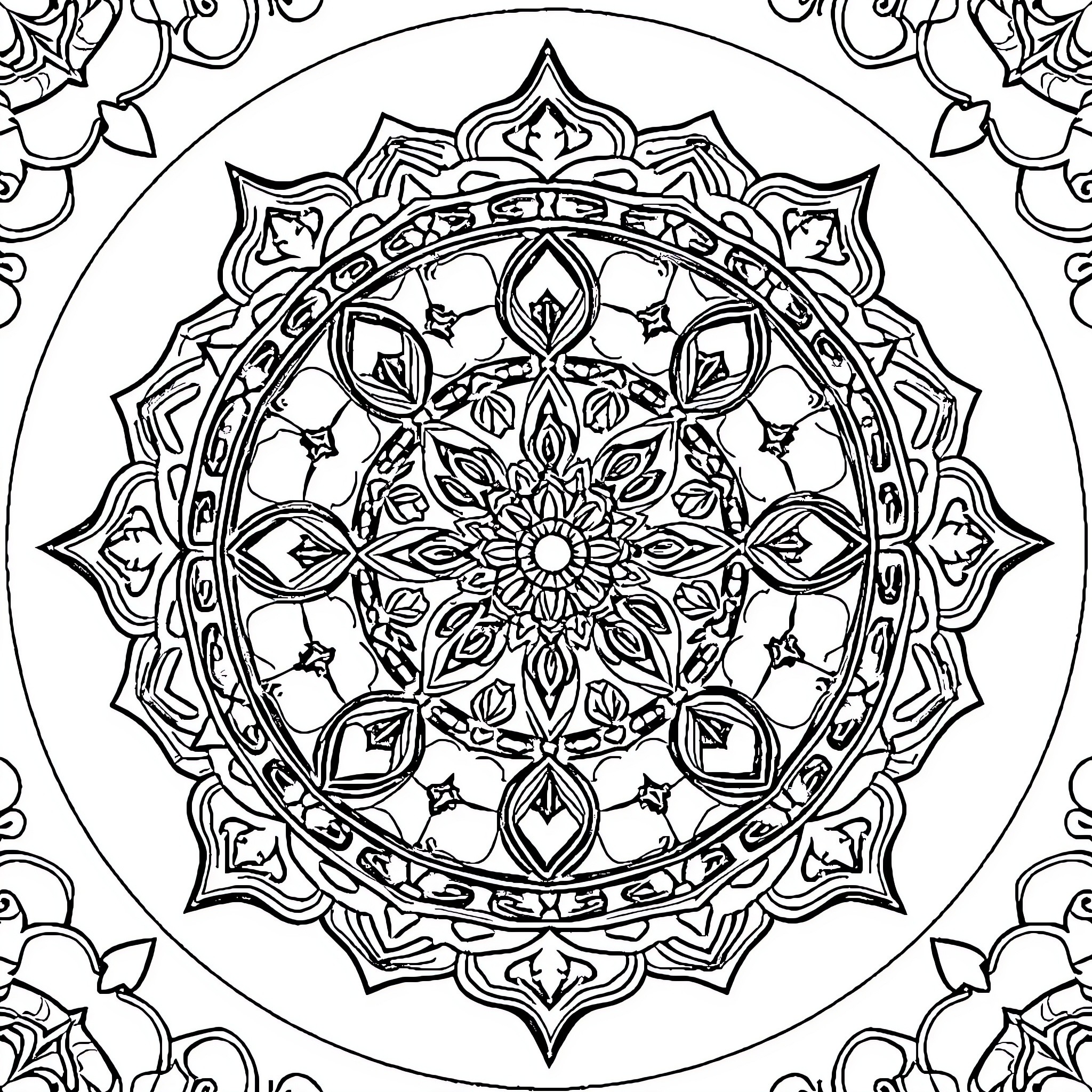 Mandala with intricate floral patterns and symmetrical design Coloring Page (free black-and-white line drawing printable PDF for all, from beginners to advanced learners, including children, teens, adults, and seniors)