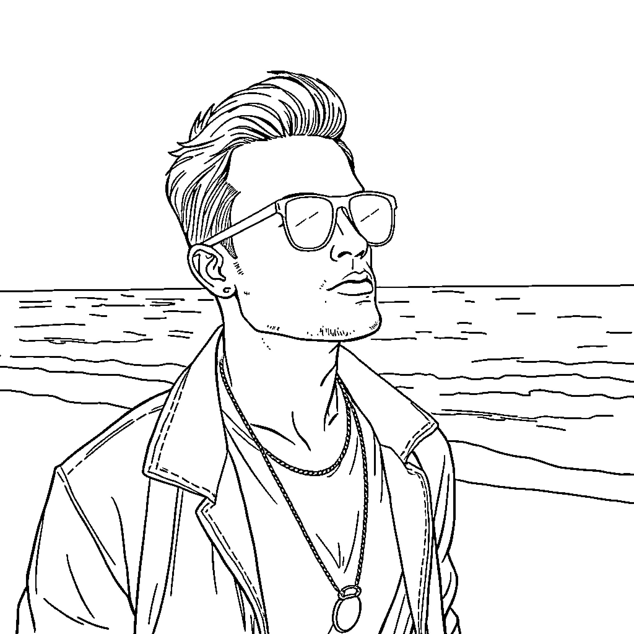 Man in stylish outfit admiring the ocean view Coloring Page (free black-and-white line drawing printable PDF for all, from beginners to advanced learners, including children, teens, adults, and seniors)