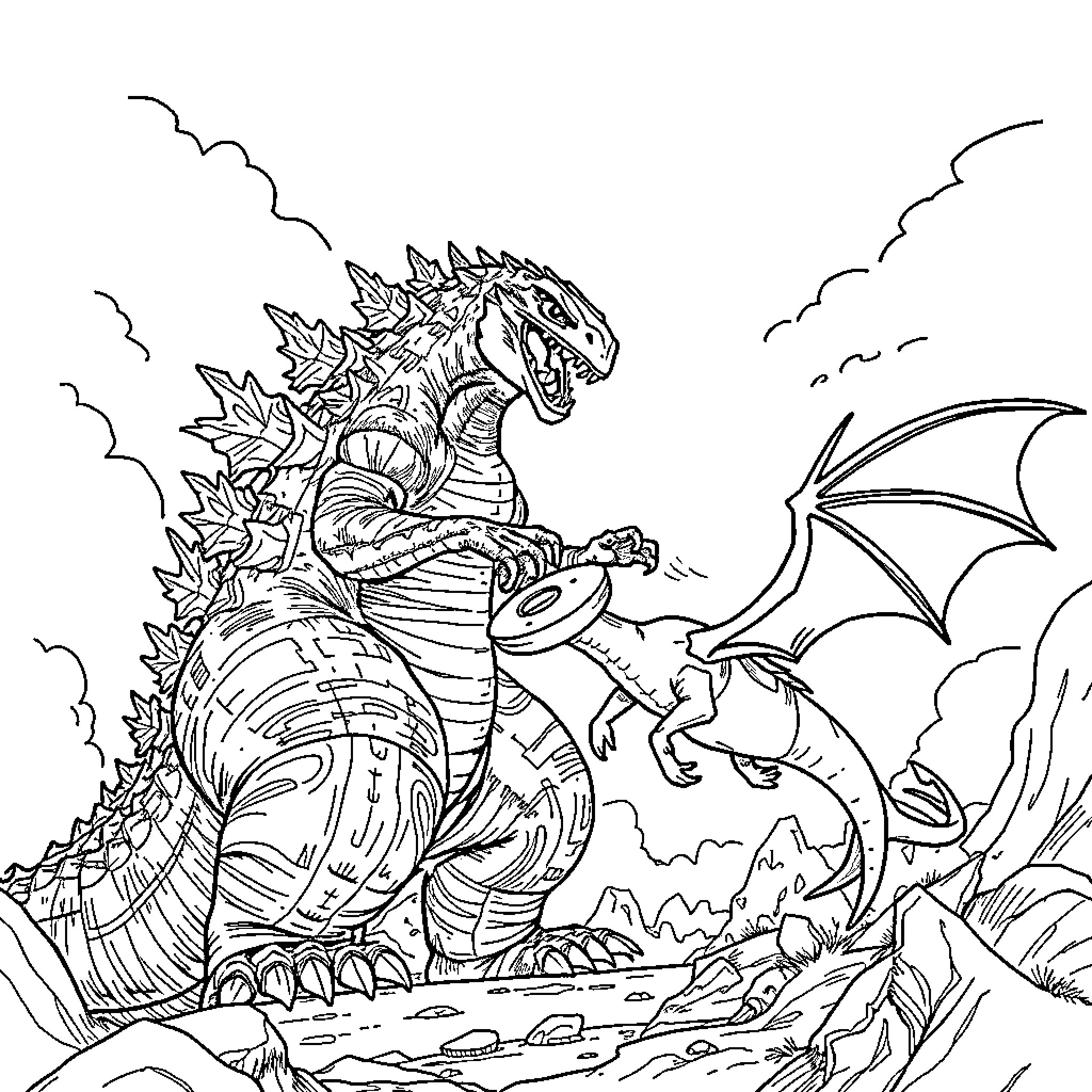 Godzilla battling a fierce dragon in a rugged landscape Coloring Page (free black-and-white line drawing printable PDF for all, from beginners to advanced learners, including children, teens, adults, and seniors)
