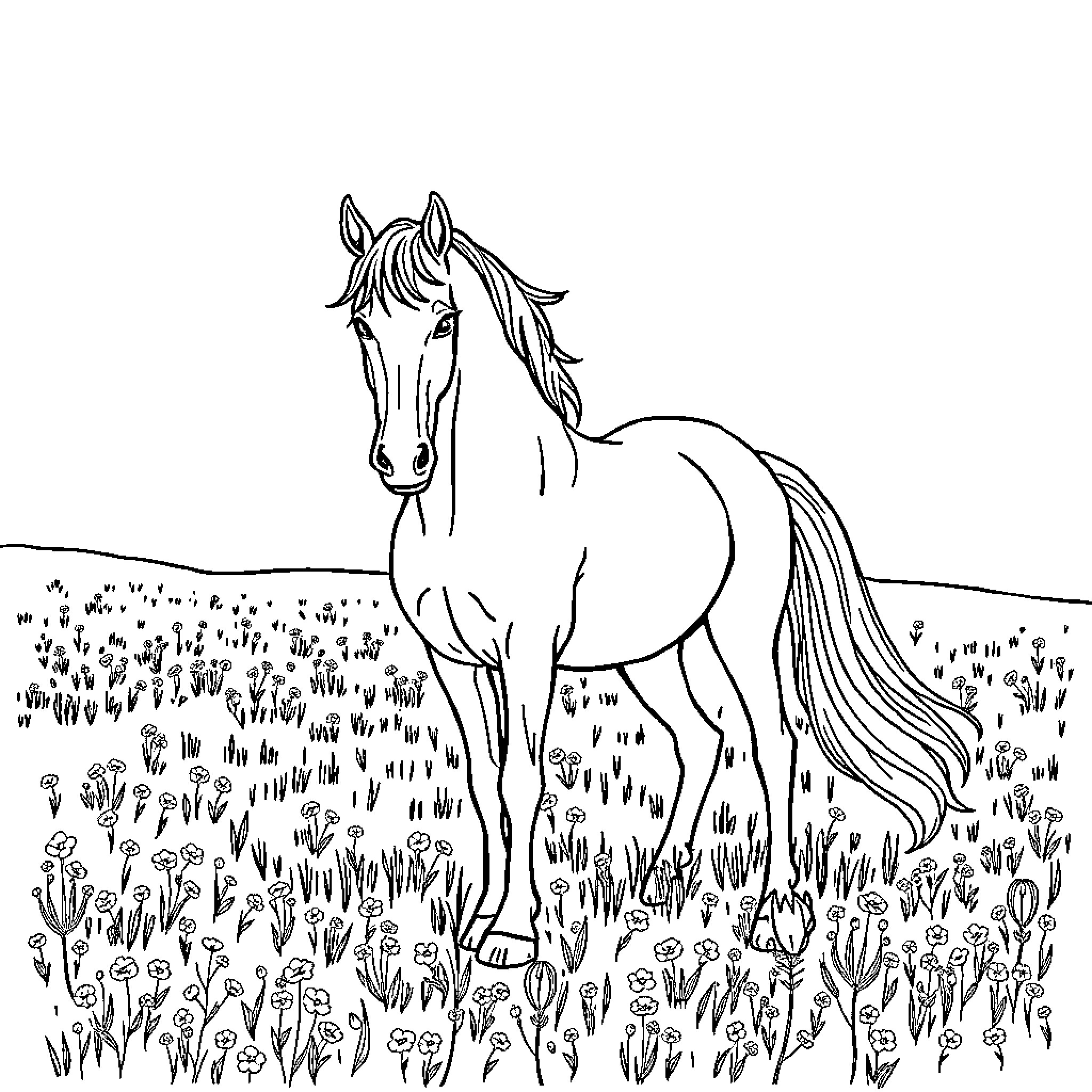 Horse standing proudly in a field of flowers Coloring Page (free black-and-white line drawing printable PDF for all, from beginners to advanced learners, including children, teens, adults, and seniors)