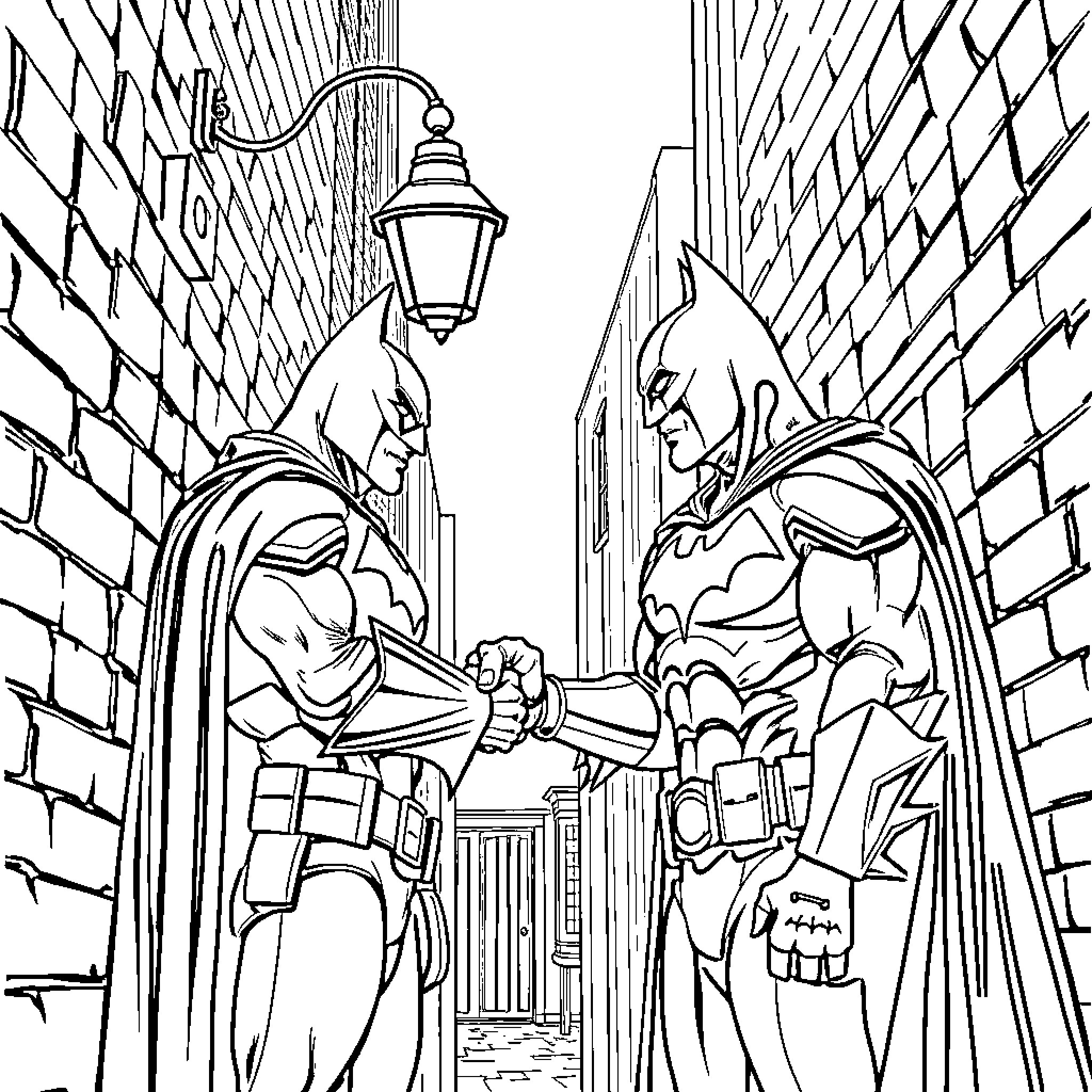 Batman Confronting His Nemesis in the Dark Alley Coloring Page (free black-and-white line drawing printable PDF for all, from beginners to advanced learners, including children, teens, adults, and seniors)