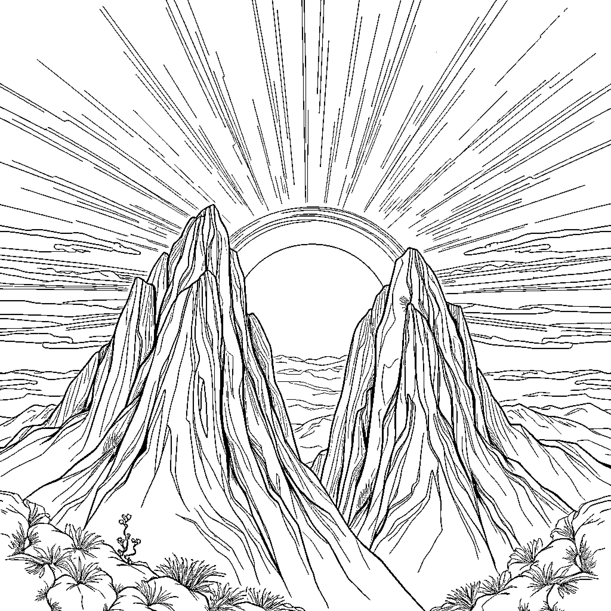 Mountain Landscape with Sunburst Rays Coloring Page (free black-and-white line drawing printable PDF for all, from beginners to advanced learners, including children, teens, adults, and seniors)