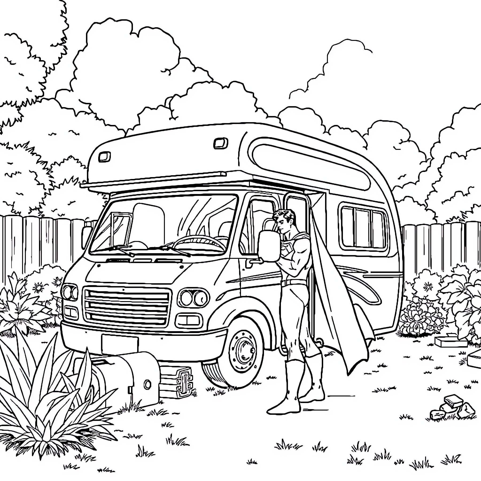 Superman enjoying outdoor adventure in recreational vehicle Coloring Page (free black-and-white line drawing printable PDF for all, from beginners to advanced learners, including children, teens, adults, and seniors)
