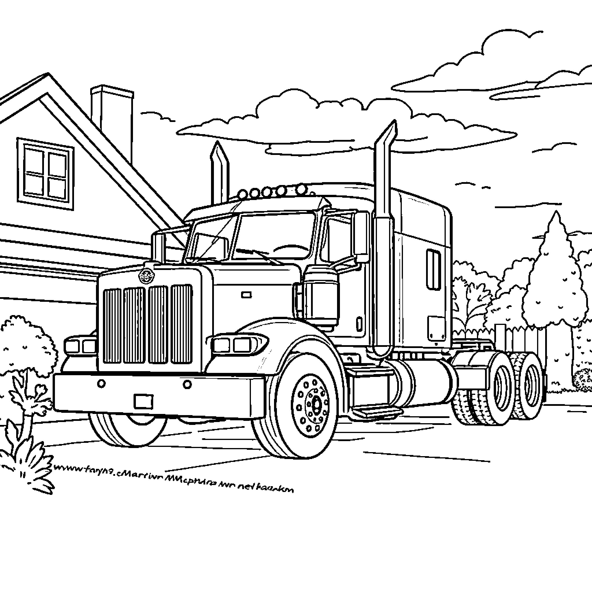 Truck Transporting Goods Through Scenic Countryside Coloring Page (free black-and-white line drawing printable PDF for all, from beginners to advanced learners, including children, teens, adults, and seniors)