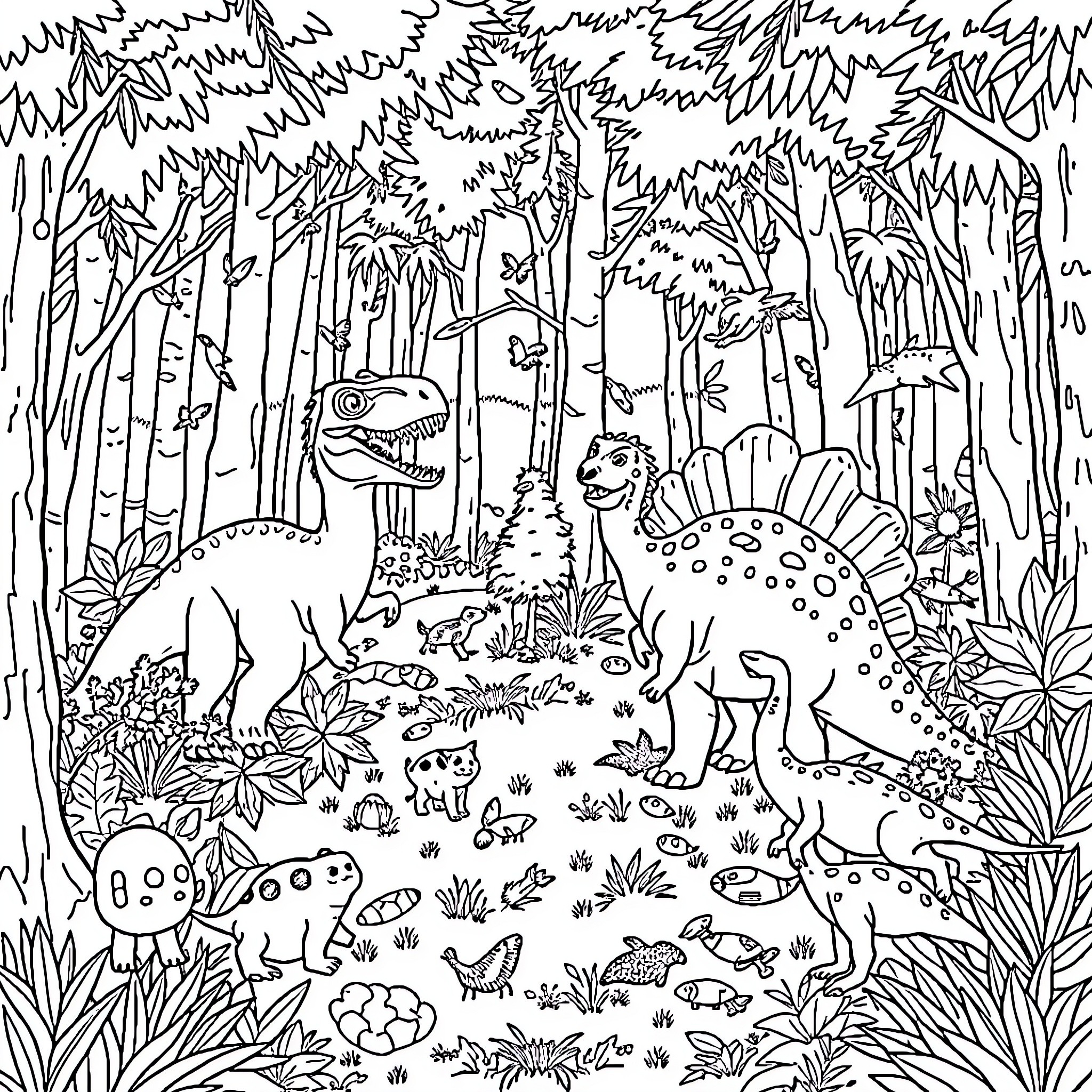 Dinosaurs Roaming in Lush Forest Landscape Coloring Page (free black-and-white line drawing printable PDF for all, from beginners to advanced learners, including children, teens, adults, and seniors)