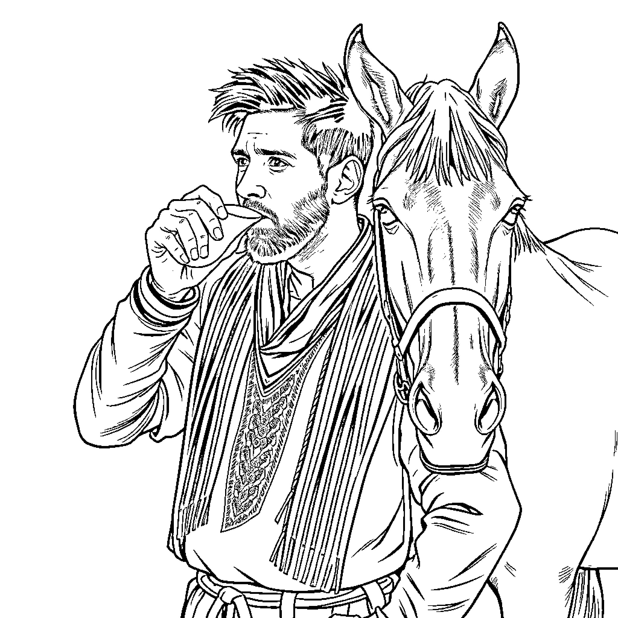 Leo Messi in Contemplative Pose with Faithful Companion Coloring Page (free black-and-white line drawing printable PDF for all, from beginners to advanced learners, including children, teens, adults, and seniors)