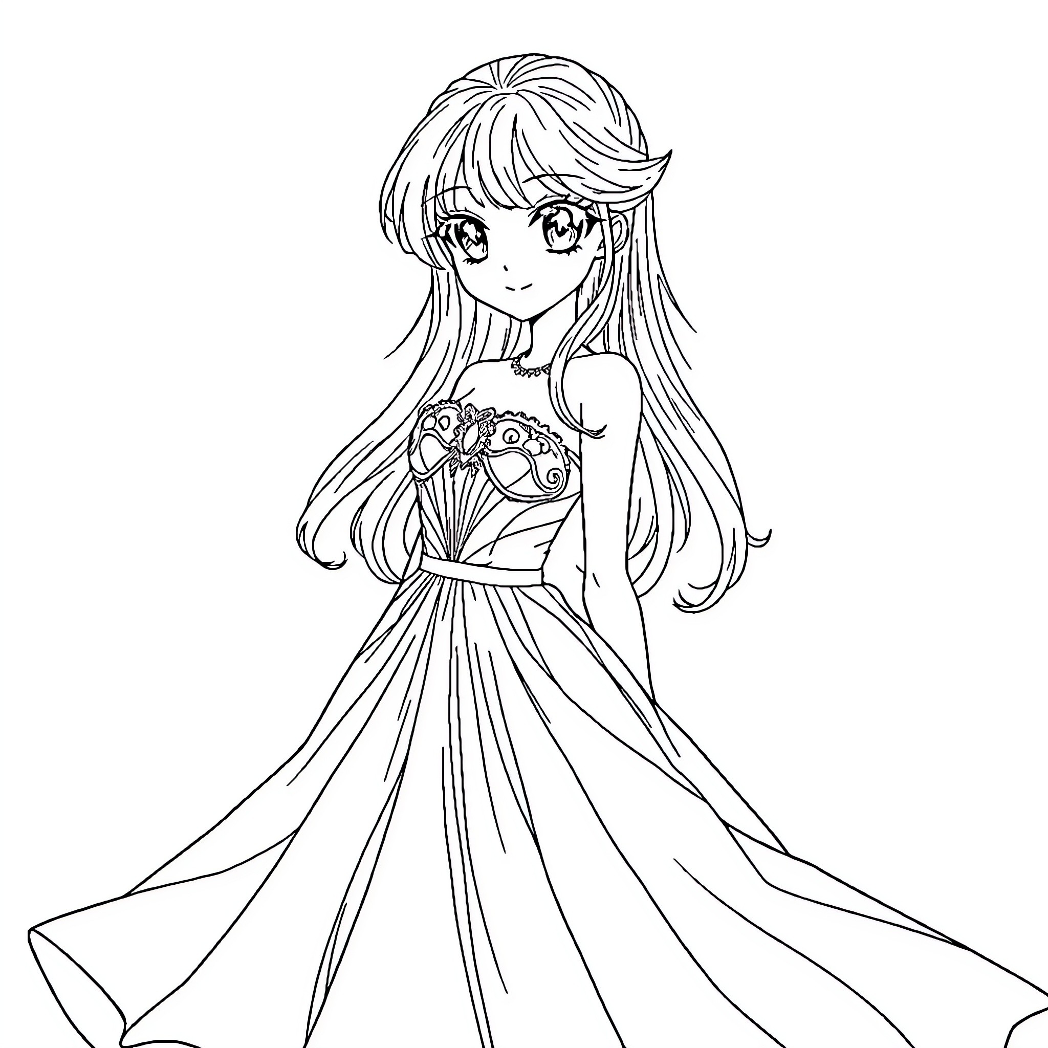 Anime Girl in Elegant Dress Coloring Page (free black-and-white line drawing printable PDF for all, from beginners to advanced learners, including children, teens, adults, and seniors)