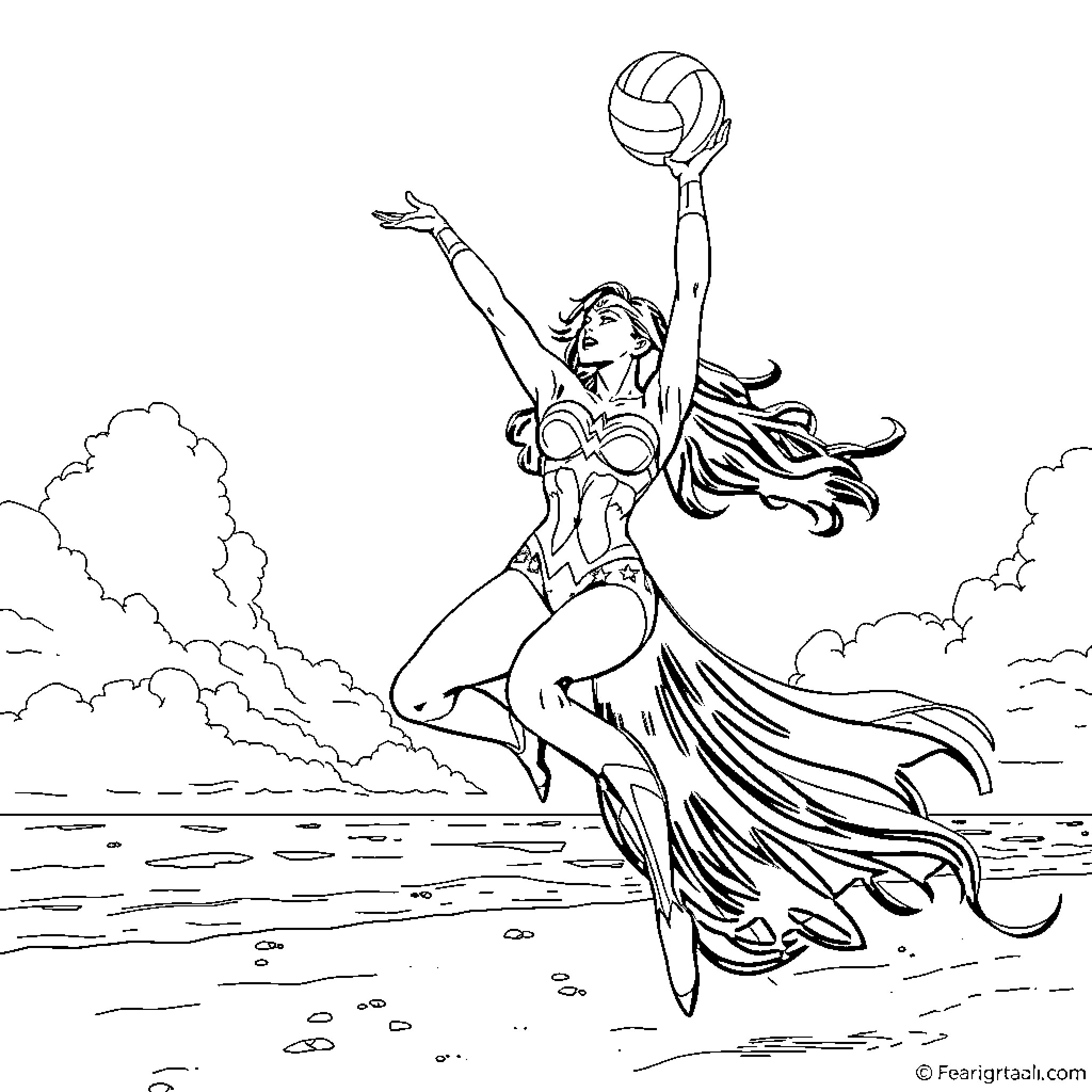 Wonder Woman Playing Beach Volleyball in the Clouds Coloring Page (free black-and-white line drawing printable PDF for all, from beginners to advanced learners, including children, teens, adults, and seniors)