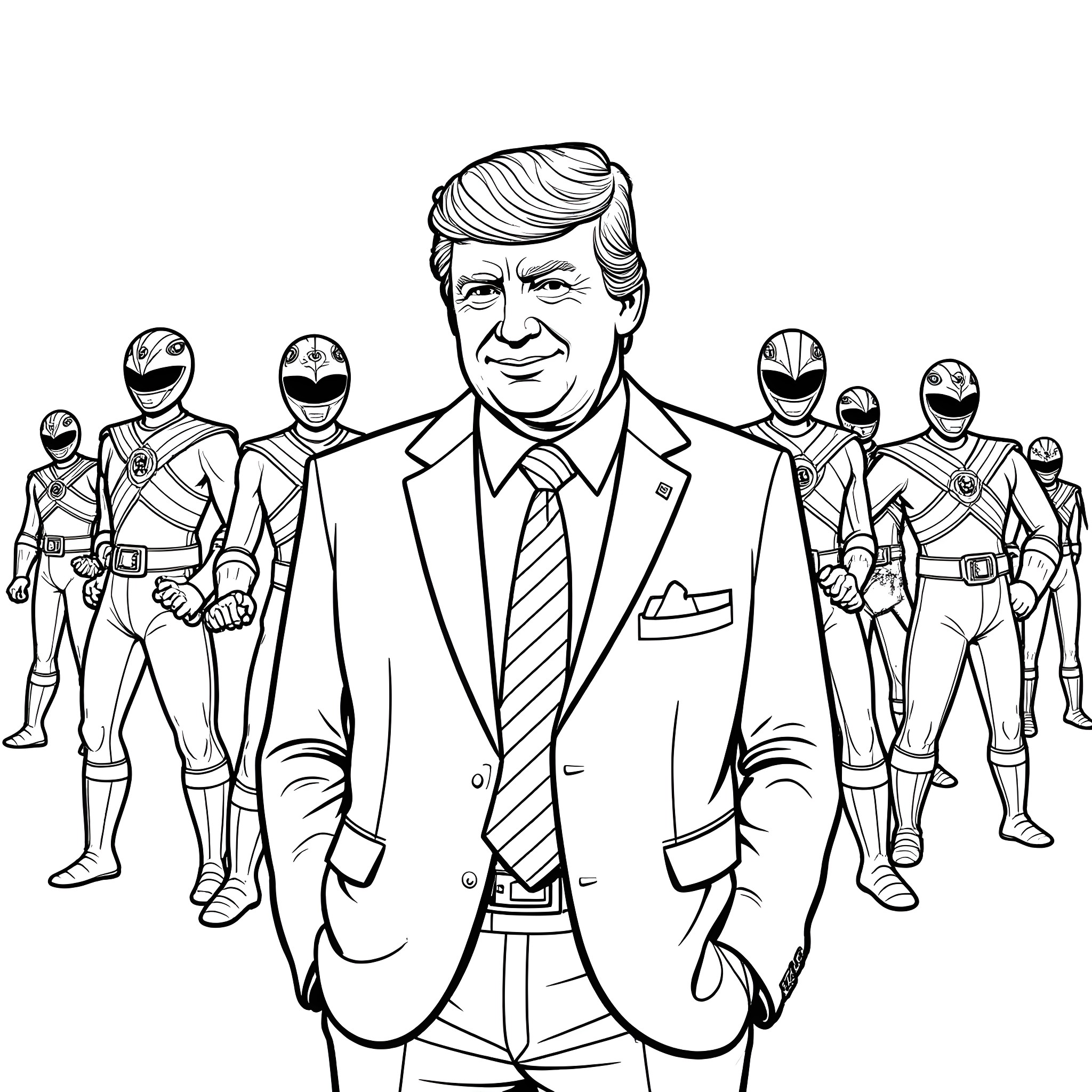 Donald Trump standing with Power Rangers in formal attire Coloring Page (free black-and-white line drawing printable PDF for all, from beginners to advanced learners, including children, teens, adults, and seniors)