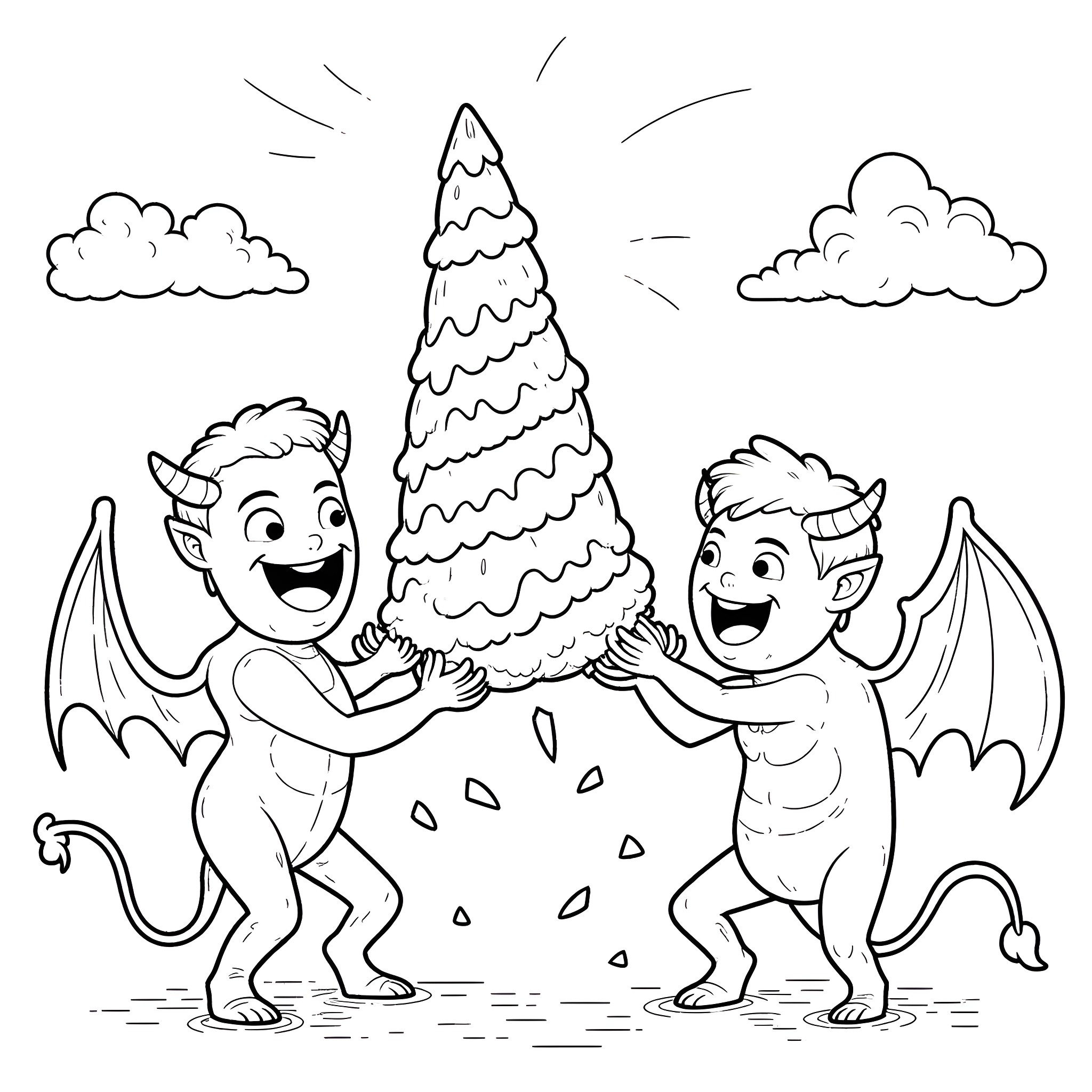 Demon Duo Playing with Ornamental Tree Coloring Page (free black-and-white line drawing printable PDF for all, from beginners to advanced learners, including children, teens, adults, and seniors)