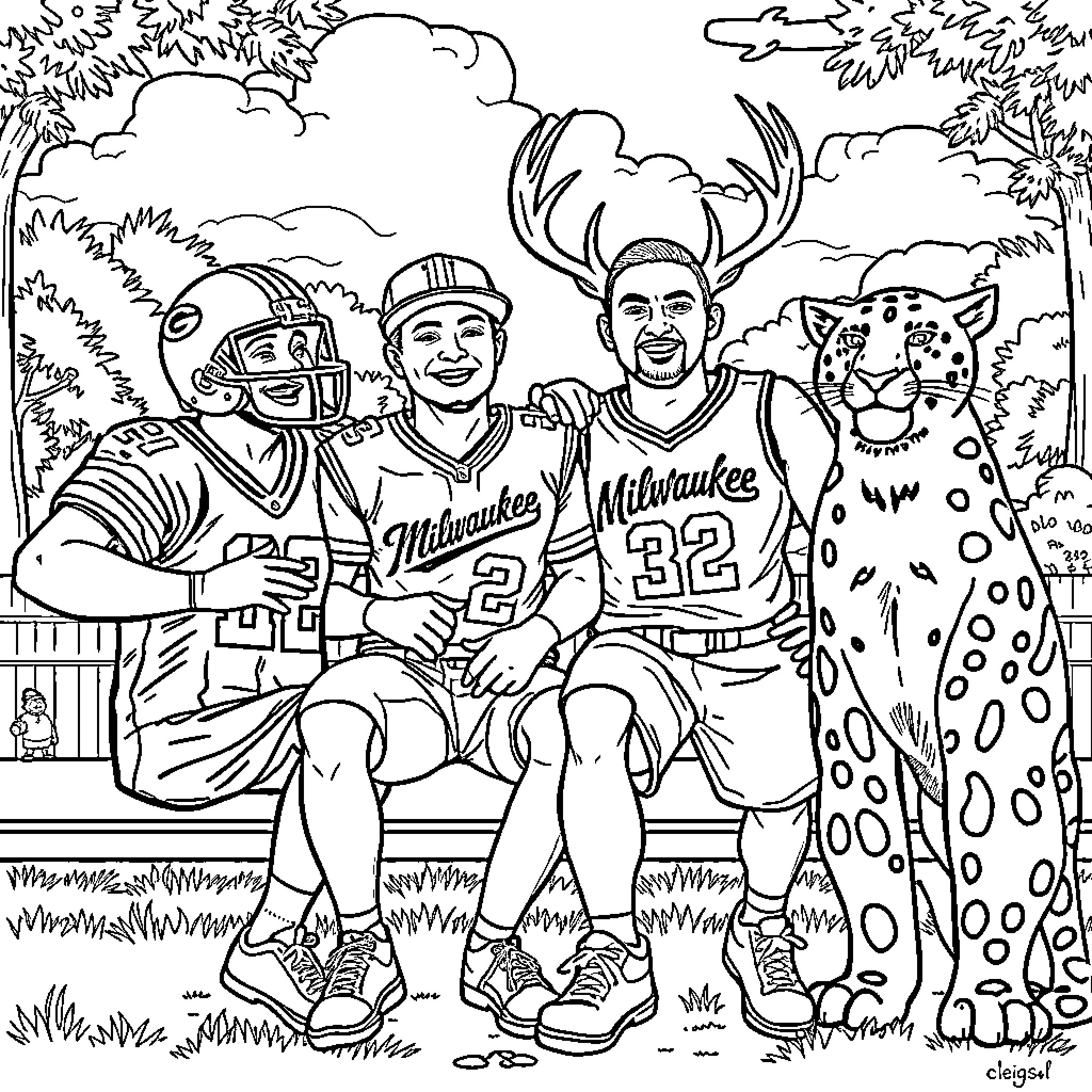 Sports Team Posing Happily Outdoors Coloring Page (free black-and-white line drawing printable PDF for all, from beginners to advanced learners, including children, teens, adults, and seniors)