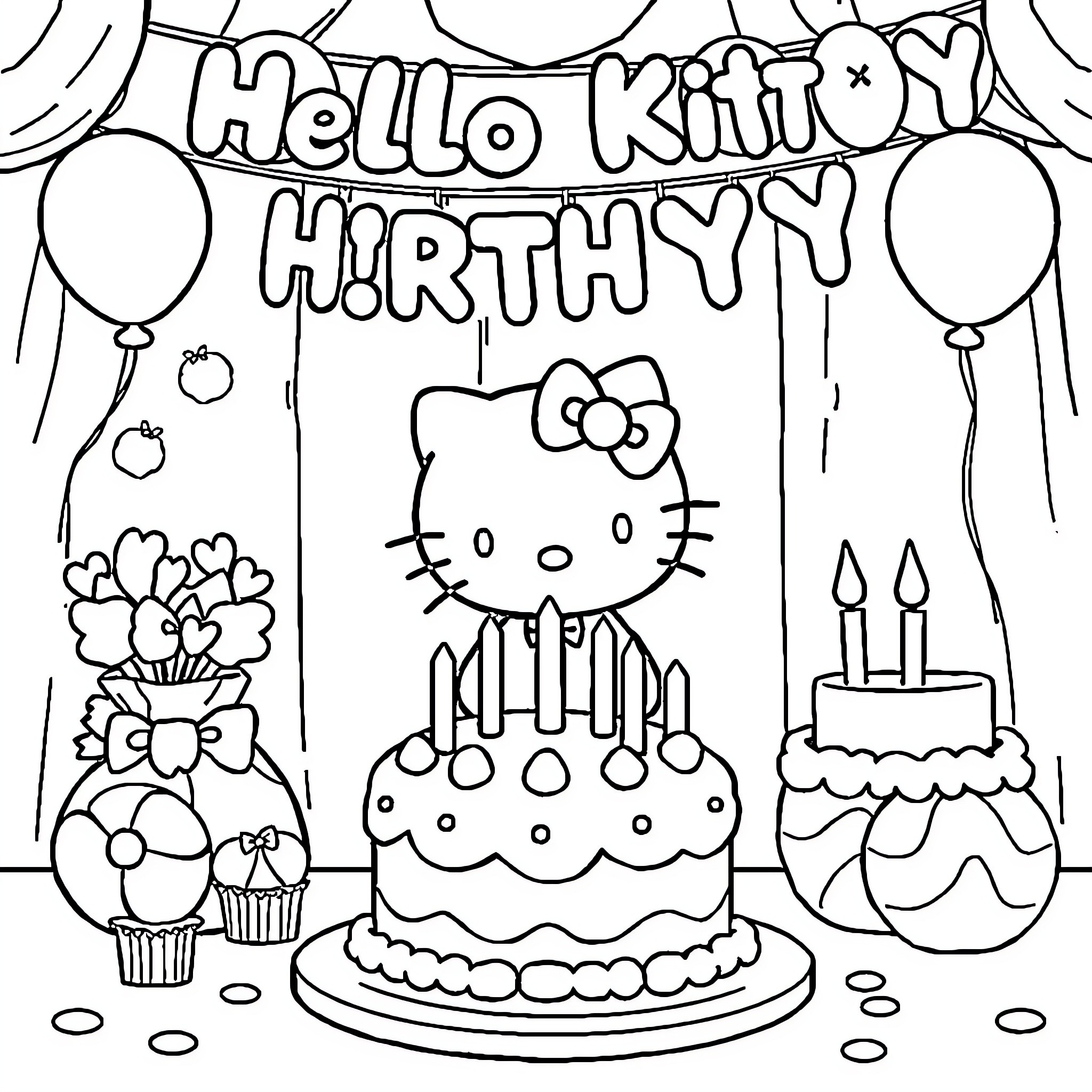 Hello Kitty's Birthday Celebration Coloring Page (free black-and-white line drawing printable PDF for all, from beginners to advanced learners, including children, teens, adults, and seniors)