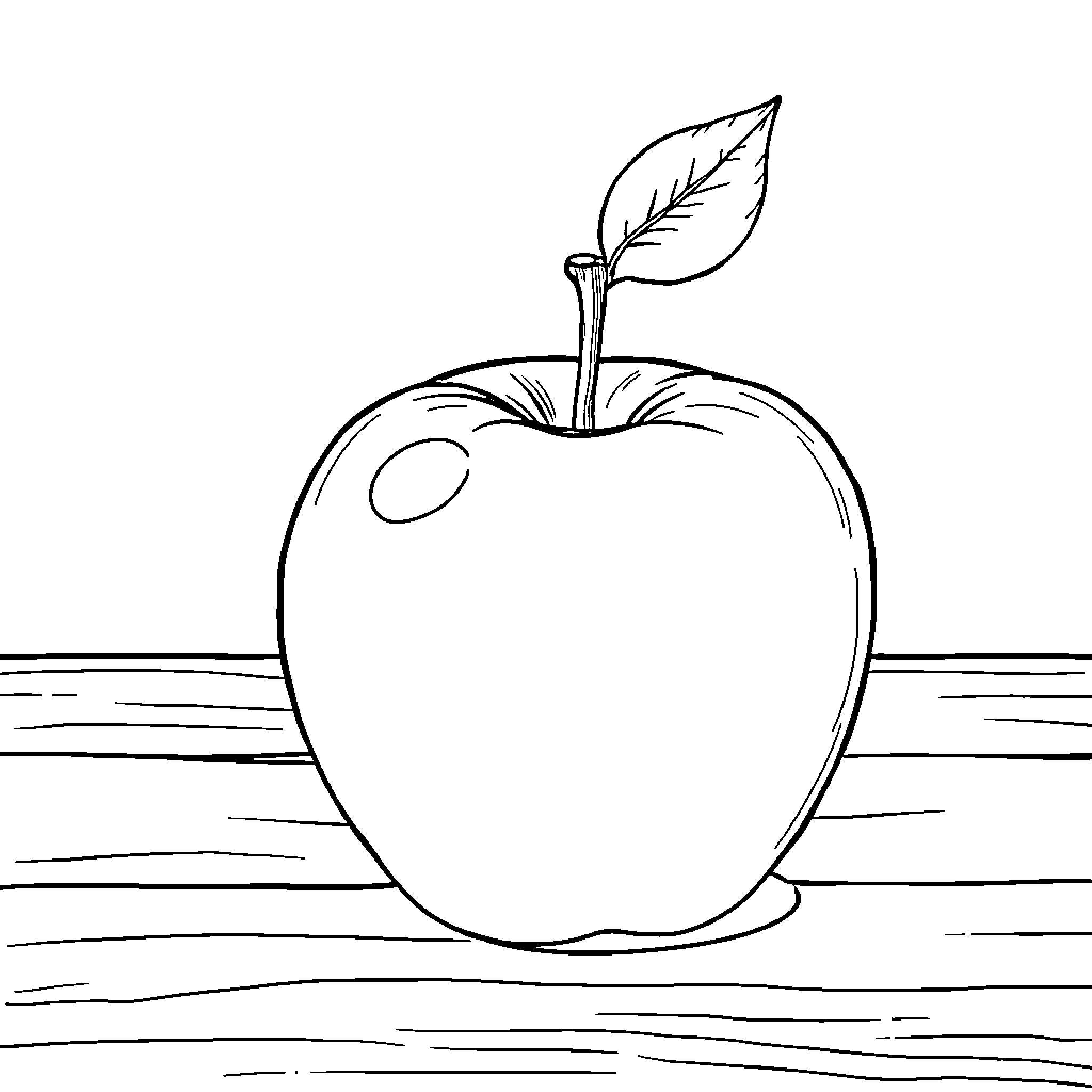 Apple with Leaf on Wooden Surface Coloring Page (free black-and-white line drawing printable PDF for all, from beginners to advanced learners, including children, teens, adults, and seniors)