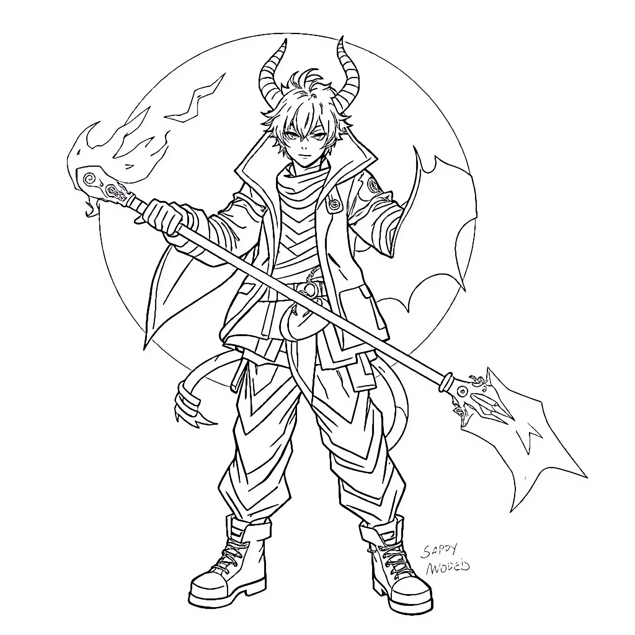 Demon Hunter Wielding Powerful Weapon and Battling Foes Coloring Page (free black-and-white line drawing printable PDF for all, from beginners to advanced learners, including children, teens, adults, and seniors)